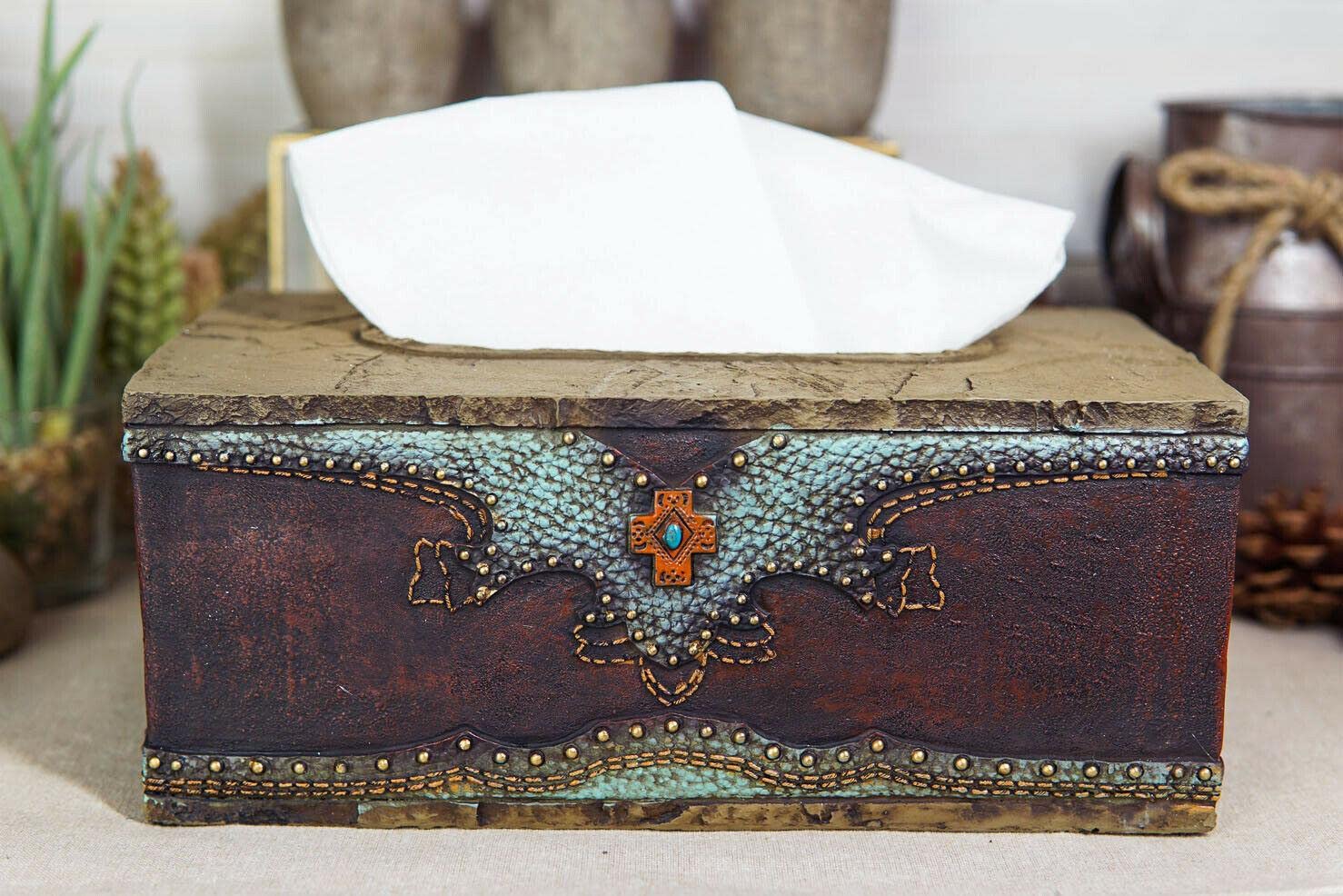 Rustic Western Turquoise Cowboy Lucky Horseshoe & Cross Tissue Box Cover - Handcrafted Home Decor for Living Room, Bathroom, Bedroom & Kitchen Accessories - Perfect for Western Theme Decor & Country Style Homes