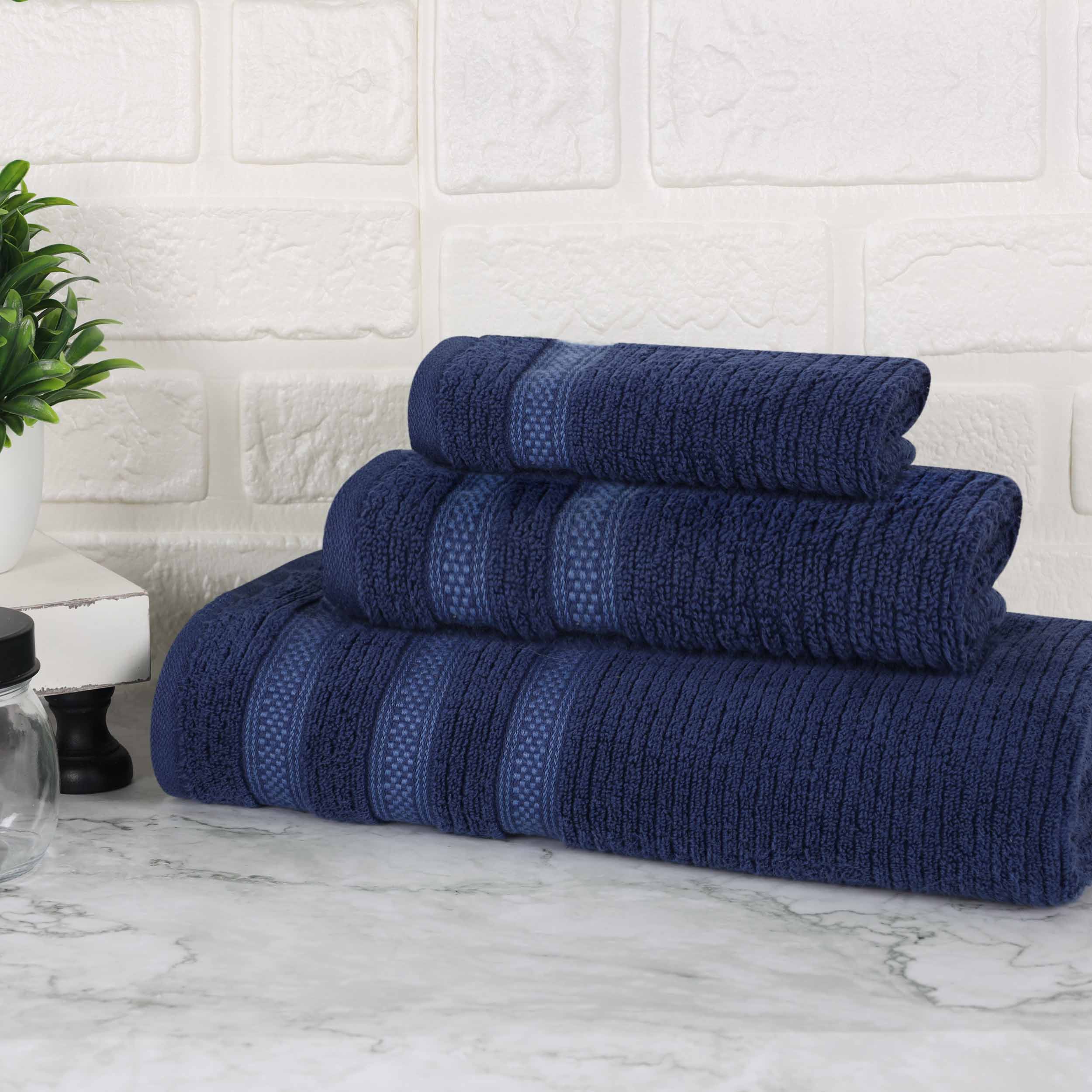 Premium Zero Twist Cotton Ribbed Geometric Border Plush 3-Piece Bath Towel Set - Ultra Soft & Absorbent for Spa, Bathroom & Luxury Home Use