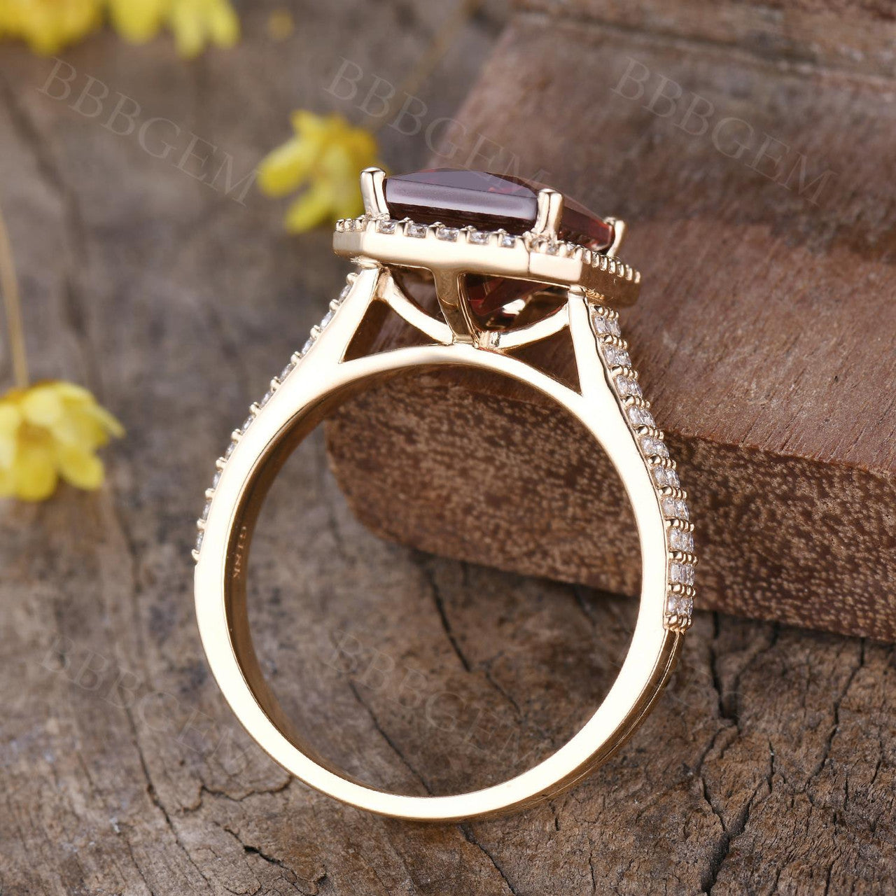 4 Carat Natural Garnet Engagement Ring in 14K Yellow Gold with Halo Diamond Wedding Band - Perfect for Proposals, Anniversaries & Bridal Jewelry