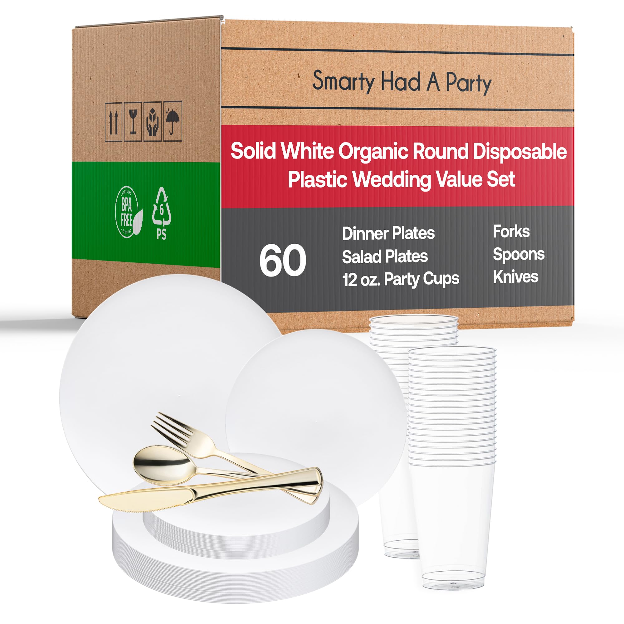 Eco-Friendly Disposable Plastic Plates with Rim Design - Bulk Round Dinnerware for Weddings, Birthdays & Parties (White, 60-Piece Wedding Value Set) | Perfect for Outdoor Events, Picnics & Catering