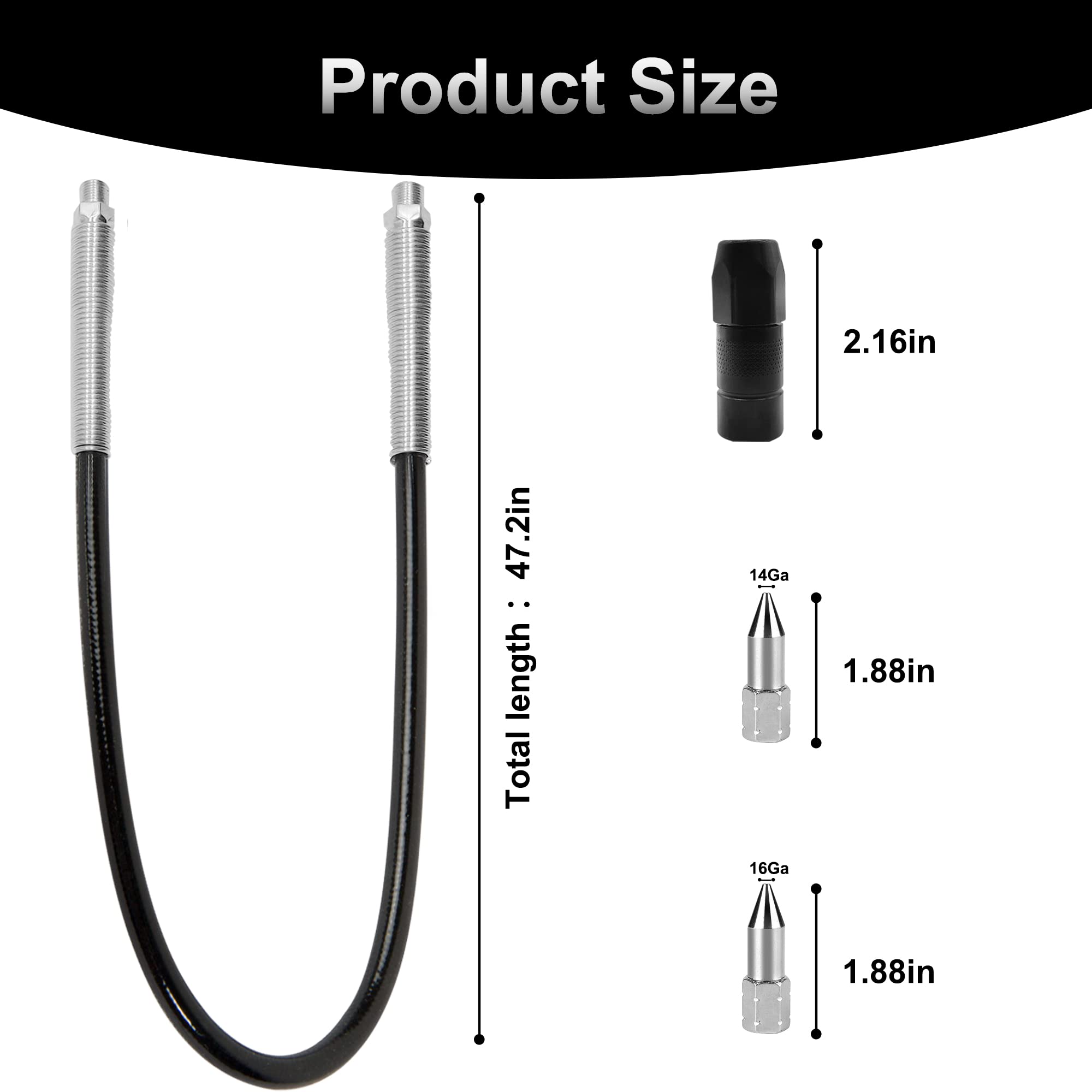 47in 4-Piece Grease Gun Hose Kit with Flexible Extension - Includes 4-Jaw Standard Couplers & 2 Sharp Nozzles (1/8