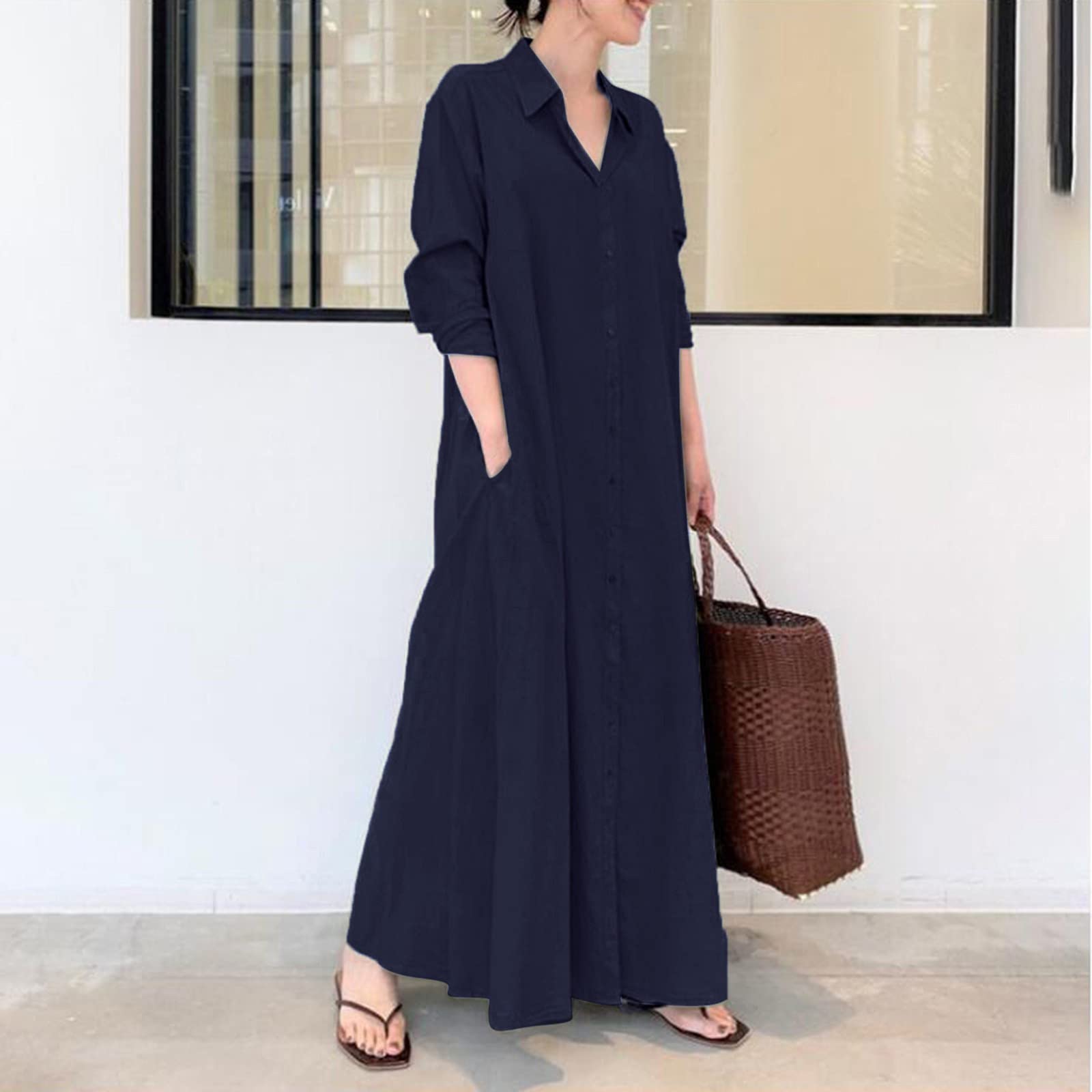 Women's Summer Maxi Long Dress - Solid Color Lapel Collar Long Sleeve Shirt Dress with Pockets | Casual Beachwear, Vacation Outfit & Everyday Wear Vestidos
