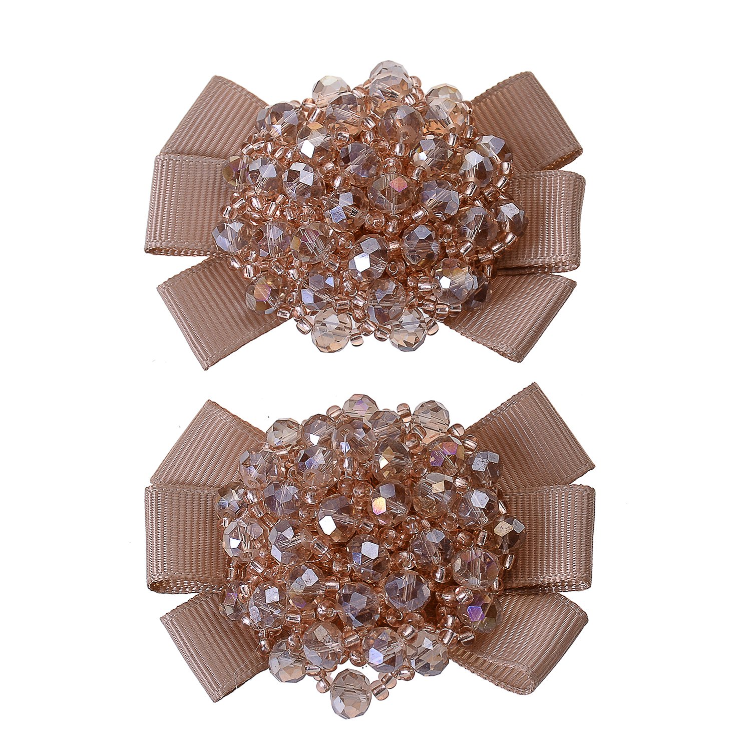 Elegant Grosgrain Ribbon Bow Shoe Clips with Hand-Beaded Crystals - Pair in Black, Champagne, Red & Pink | Perfect for Weddings, Prom & Special Occasions