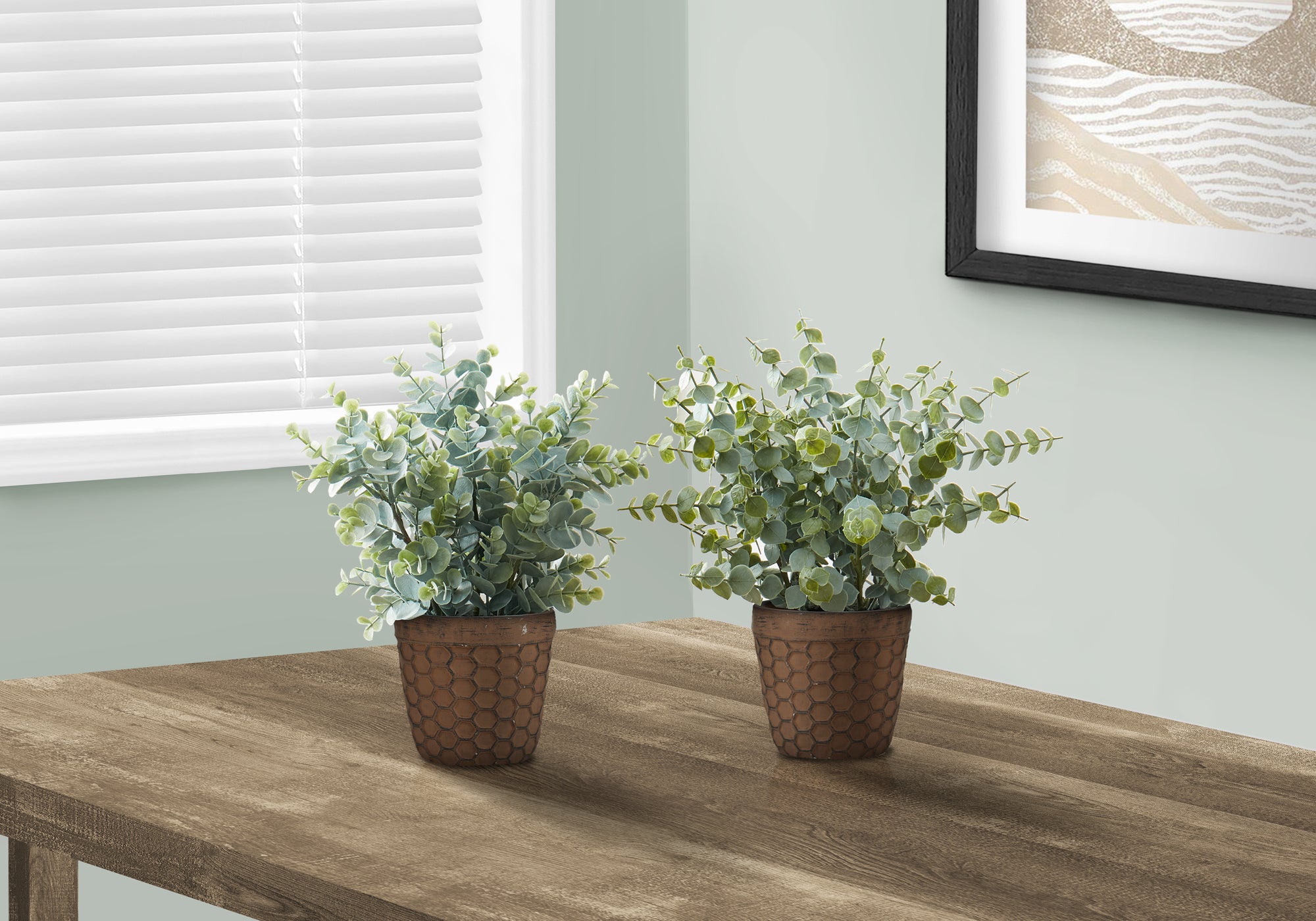 13 Inch Tall Faux Eucalyptus Grass Artificial Plants - Set of 2 Realistic Indoor Greenery Decor for Home, Office, Living Room & Wedding Centerpieces