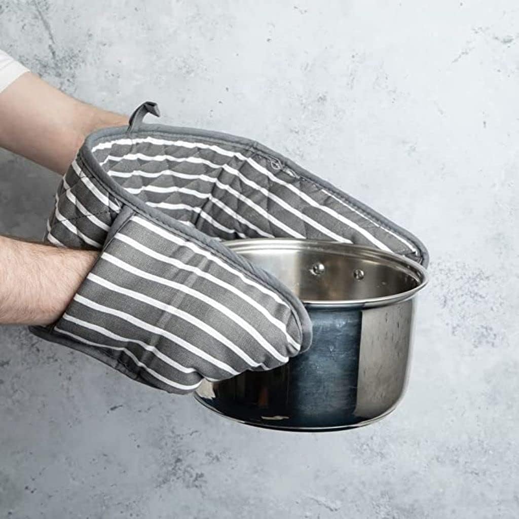 RASH Accessories Double Oven Gloves - Quilted Butcher Stripe Heat Resistant Mitts, 100% Cotton (Grey) - Perfect for Baking, Grilling, and Kitchen Safety
