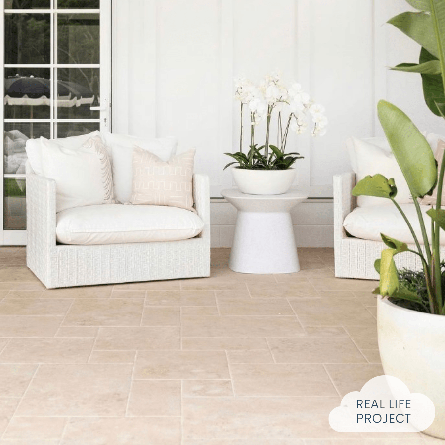 Annangrove French Pattern Ivory External Travertine Look Tile - Elegant Outdoor Flooring for Patios, Gardens & Pool Areas