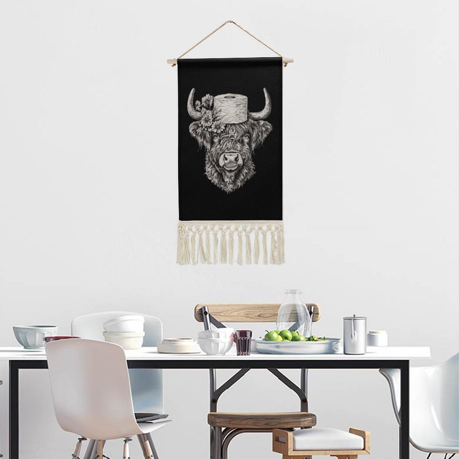 Funny Highland Cow with Toilet Paper Wall Art - 10x20 Inch Cotton Linen Hanging Poster for Home & Office Decor - Perfect for Bathroom, Living Room or Gift Idea