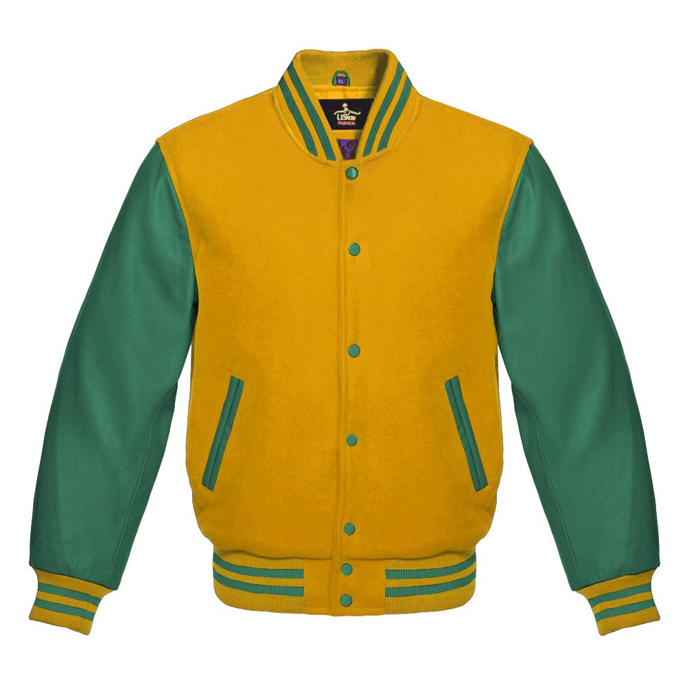 Varsity Jacket for Men - Baseball Letterman Bomber Jacket with Yellow Wool Body & Genuine Green Leather Sleeves | High School & College Style | Perfect for Sports Events, Casual Wear & Retro Fashion