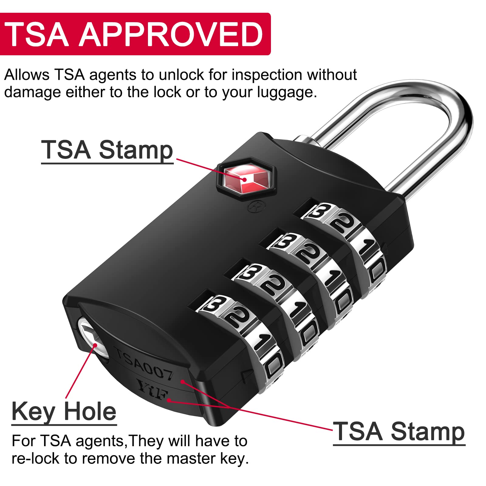 TSA Approved Luggage Lock 4 Pack with Cable - Secure Backpack, Suitcase & Gym Locker - Black Combination Travel Locks (Ideal for Airports, School, Travel & Sports)