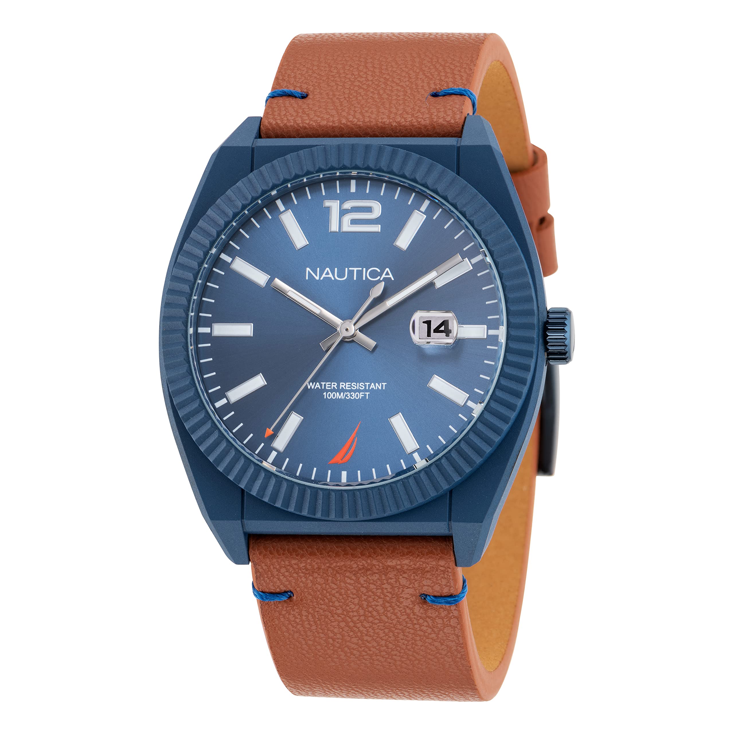 Nautica Men's Pacific Beach Brown Apple Grain Leather Strap Watch - Water Resistant Casual & Dress Timepiece for Everyday Wear, Office, and Outdoor Activities