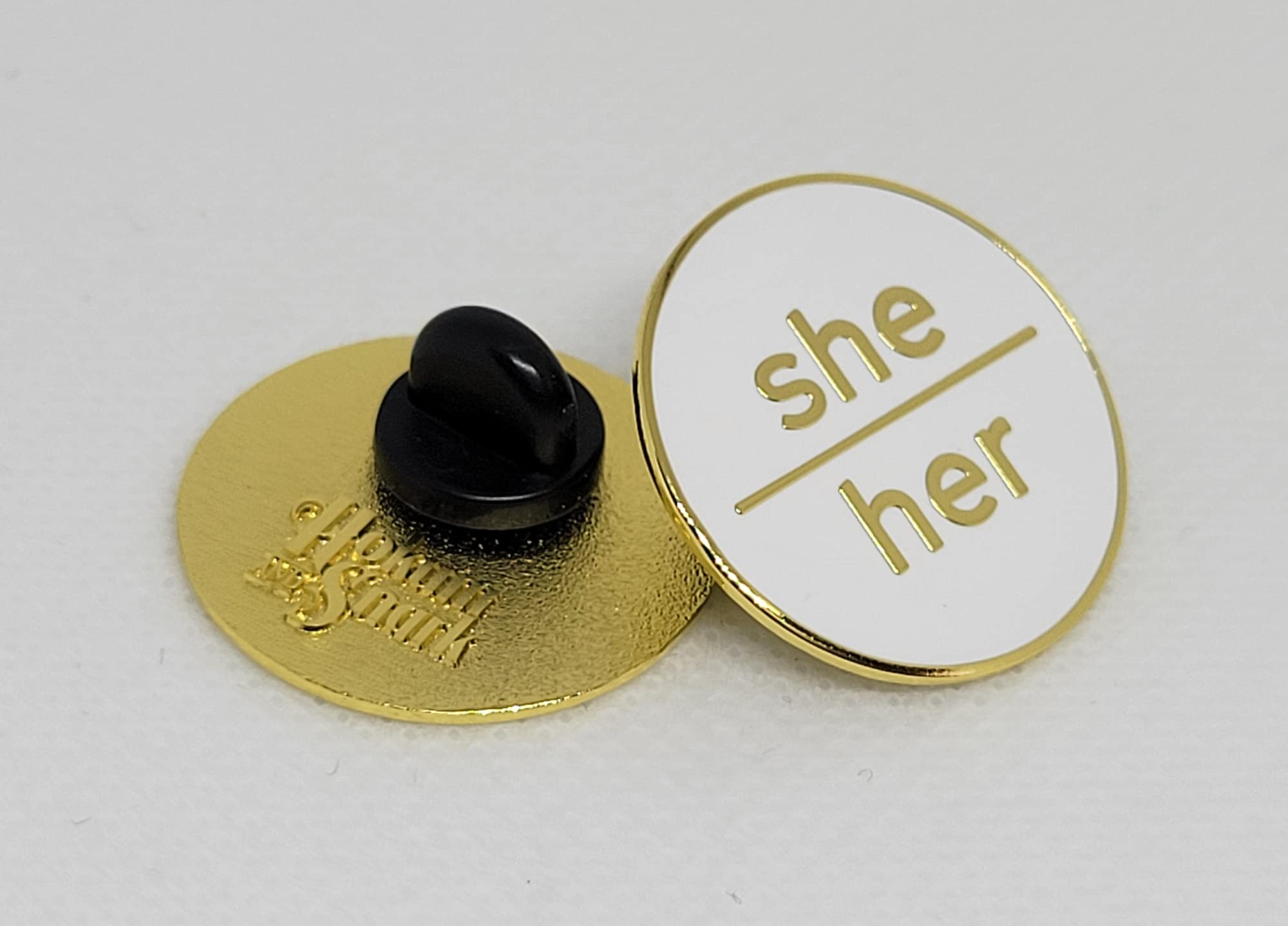 She/Her Enamel Pin - White & Gold Minimalist Pronoun Button for Pride & Work