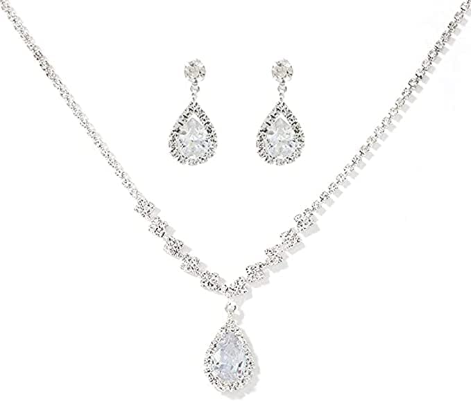 BSLVWG Silver Rhinestone Bridal Jewelry Set - Sparkling Crystal Dangle Drop Necklace & Earrings for Women | Perfect for Weddings, Prom, Anniversary Gifts & Special Occasions