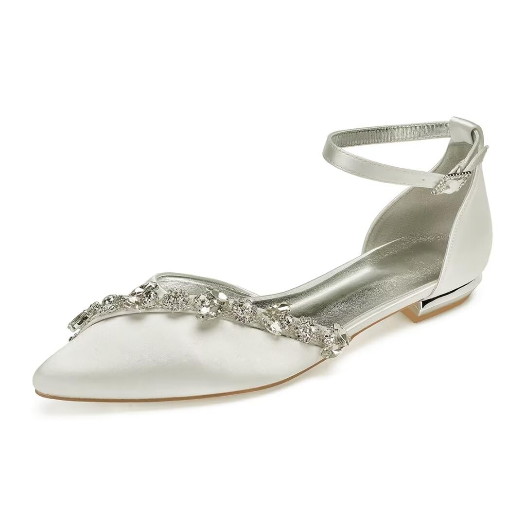 Elegant Satin Rhinestone Wedding Shoes for Bride – Pointed Toe Bridal Flats for Formal Dresses | Perfect for Church Ceremonies, Reception Parties & Bridal Showers