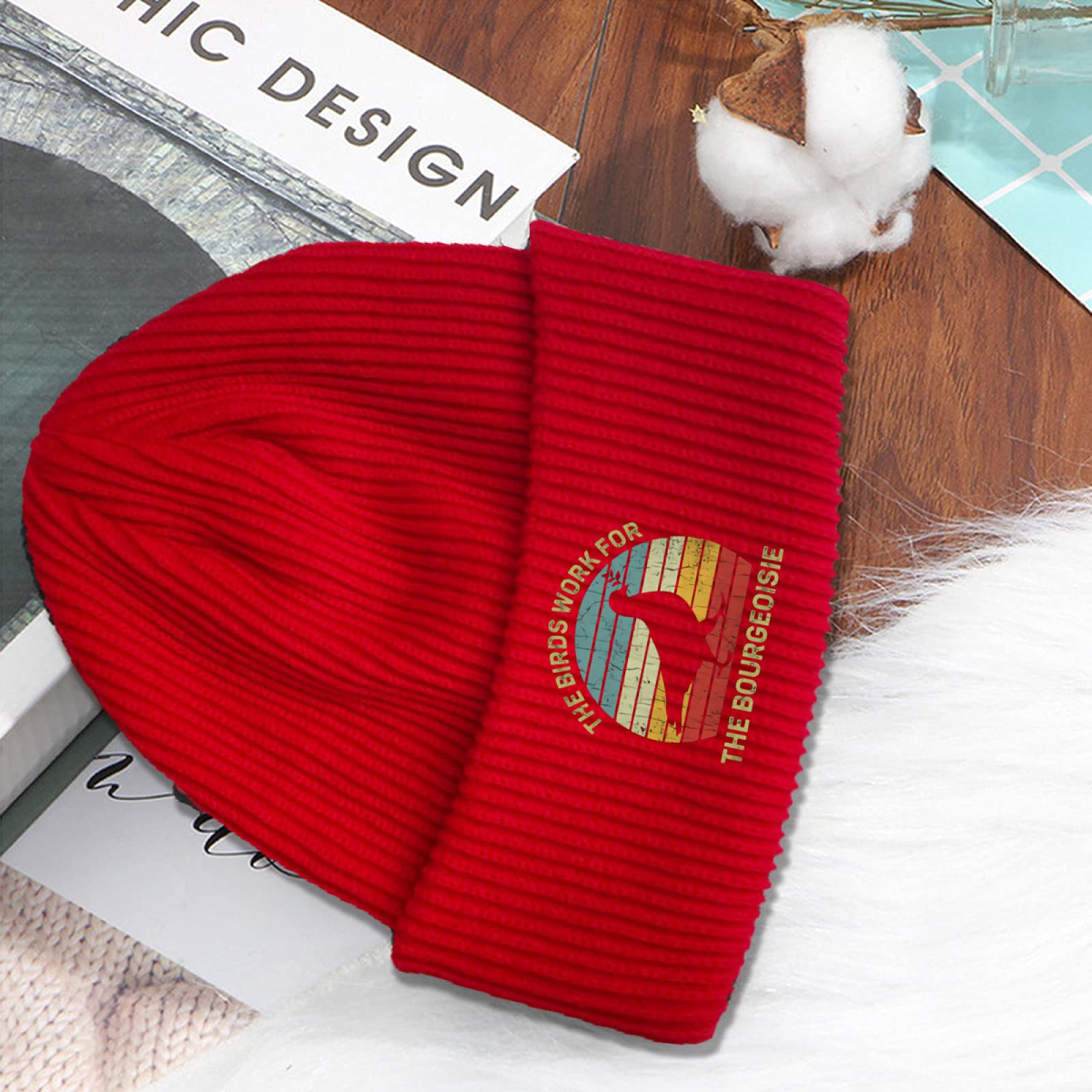 Funny Conspiracy Theory Beanie - 'Birds Work for The Bourgeoisie' Red Knit Skull Cap for Men, Women & Kids | Unisex Cuffed Winter Hat for Outdoor Activities, Streetwear & Gift Giving