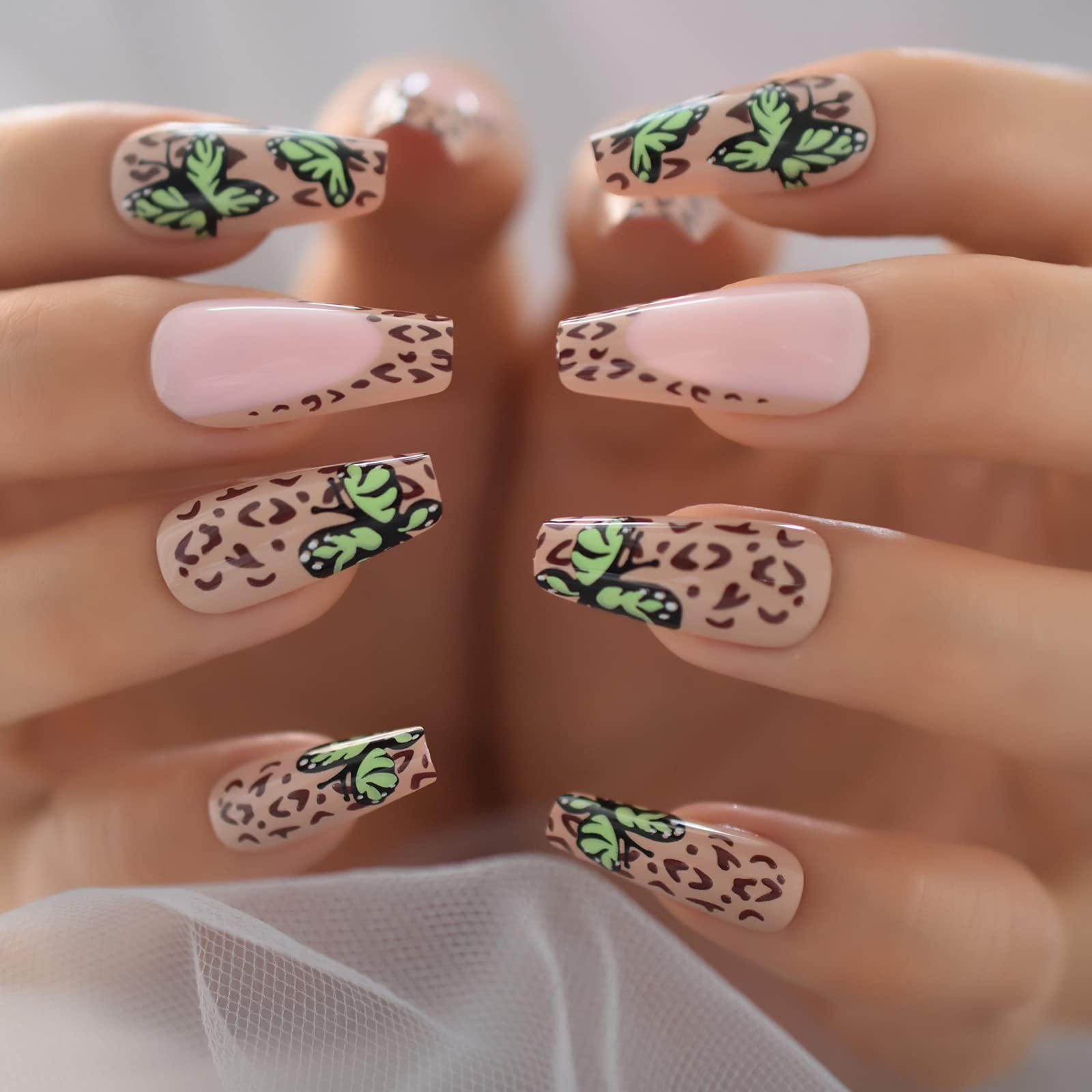 Trendy Green Butterfly French Press False Nails - Glossy Brown Leopard & Pink Ballerina Coffin Fake Nails | Long Lasting Press-On Nails for Parties, Weddings & Special Occasions