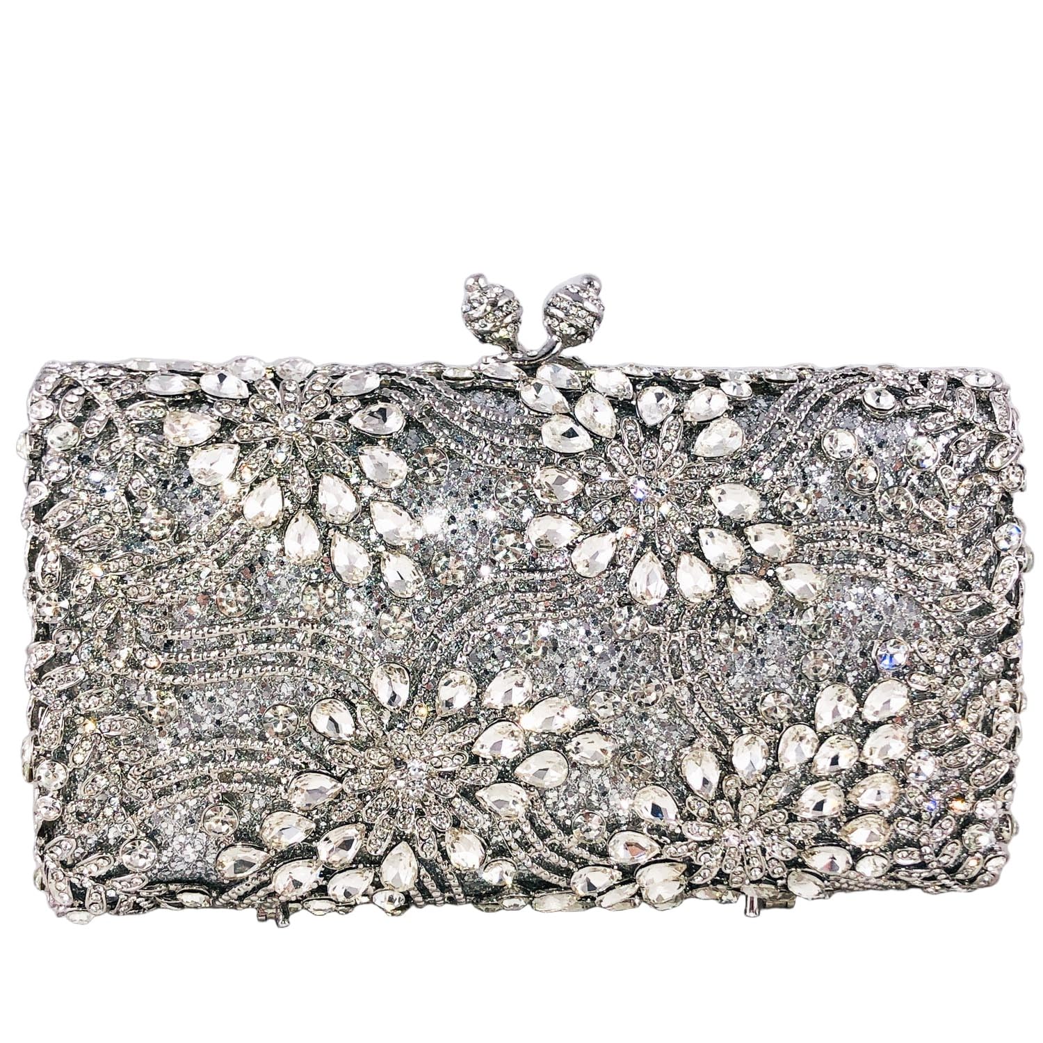 Elegant Crystal Rhinestone Clutch Purse for Women - Floral Evening Bag with Sparkling Stones, Wedding Party Handbag, Mini Purse for Prom, Bridal Shower & Special Occasions