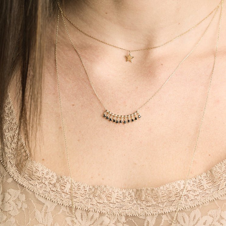 14K Solid Yellow Gold Black Onyx Fringe Necklace - Elegant Dainty Layering Jewelry for Women, Perfect for Parties, Weddings & Everyday Wear