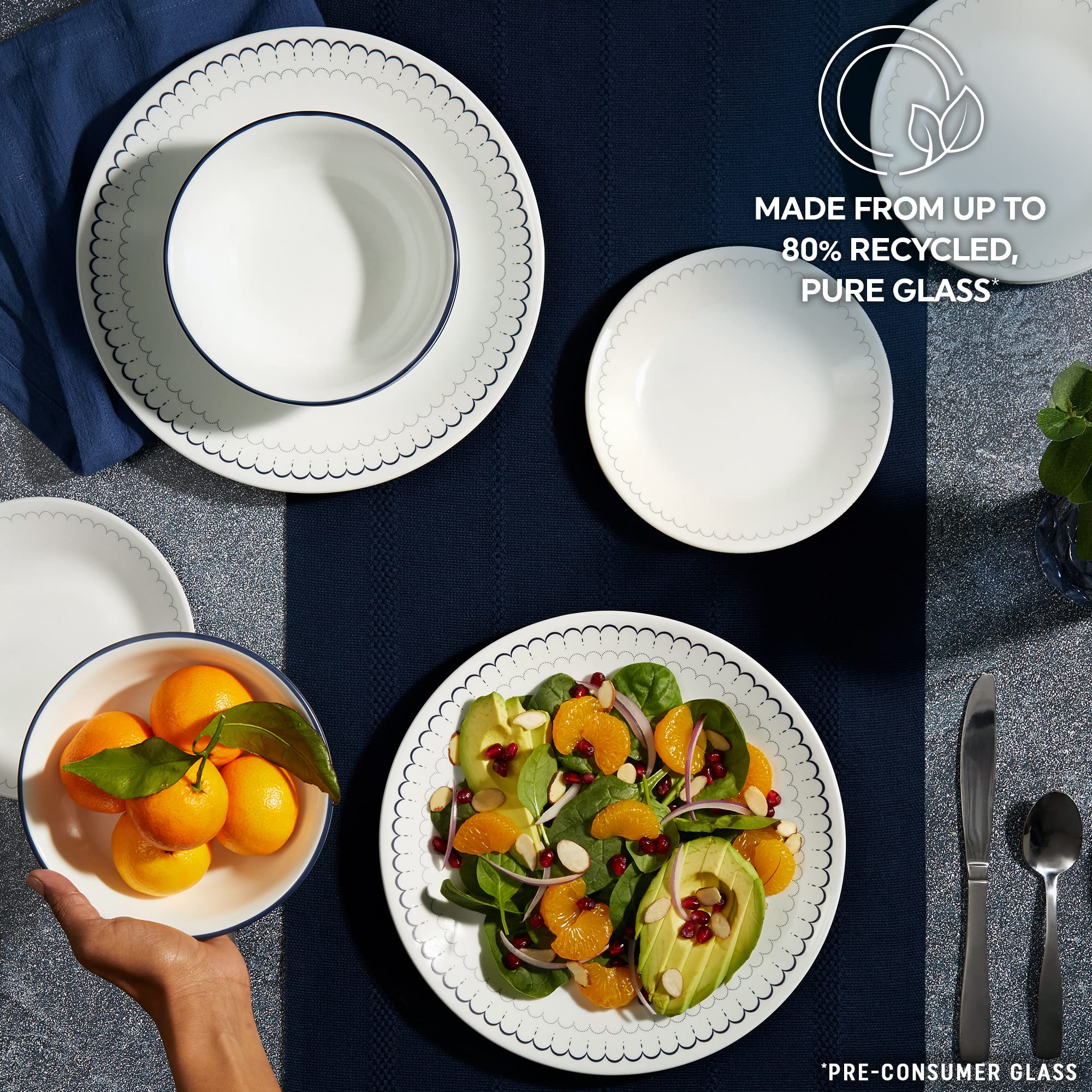 Corelle 18-Piece Dinnerware Set for 6 - Lightweight Round Plates & Bowls - Vitrelle Triple Layer Glass - Chip Resistant, Microwave & Dishwasher Safe - Caspian Blue - Perfect for Everyday Dining, Family Gatherings & Entertaining Guests