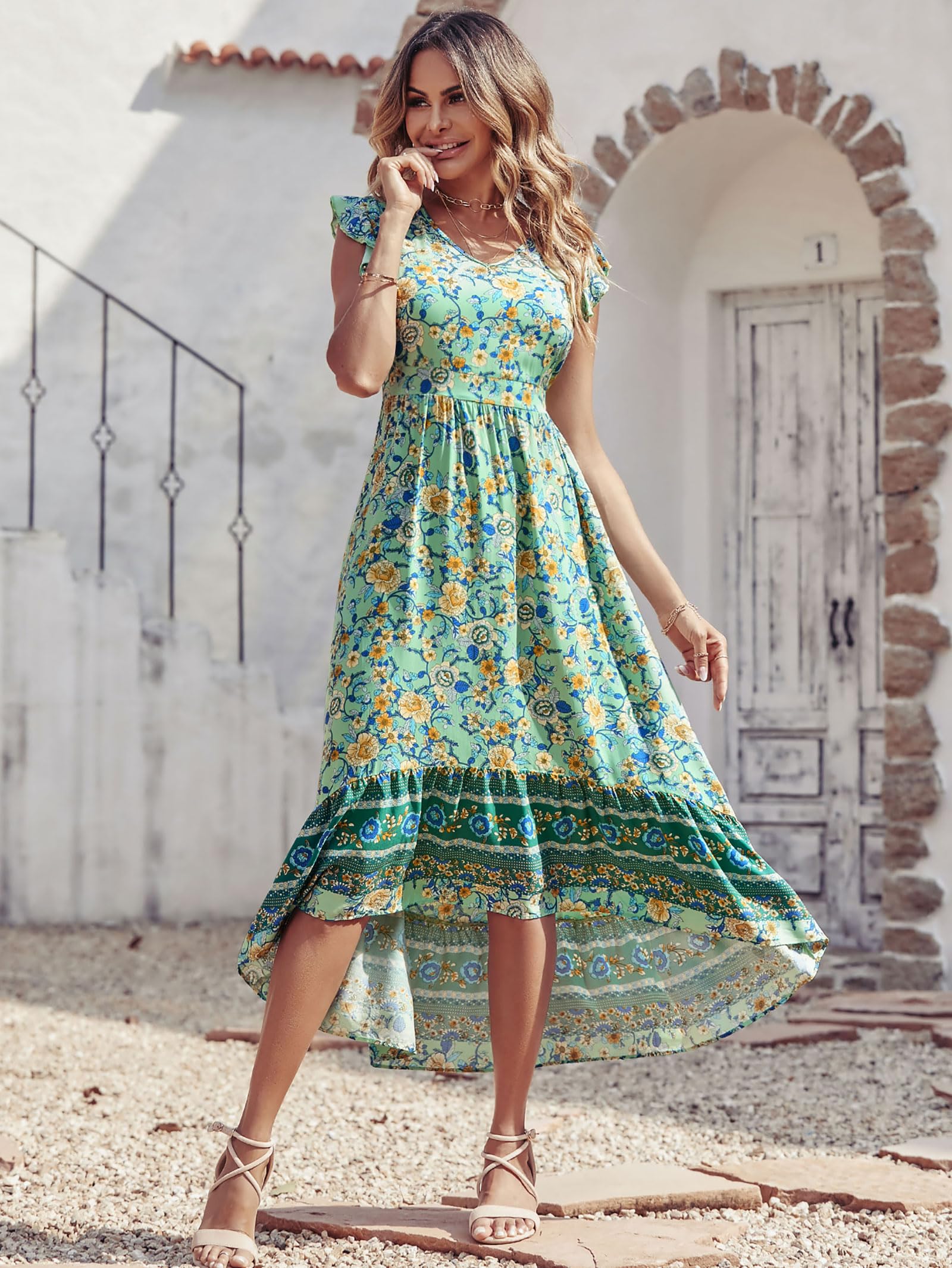 PRETTYGARDEN Women's Summer Maxi Dress 2025 - Floral Print V-Neck Boho Beach Dress with Cap Sleeves, Flowy High-Low Hem in Green & Yellow | Perfect for Vacations, Beach Parties and Casual Outings