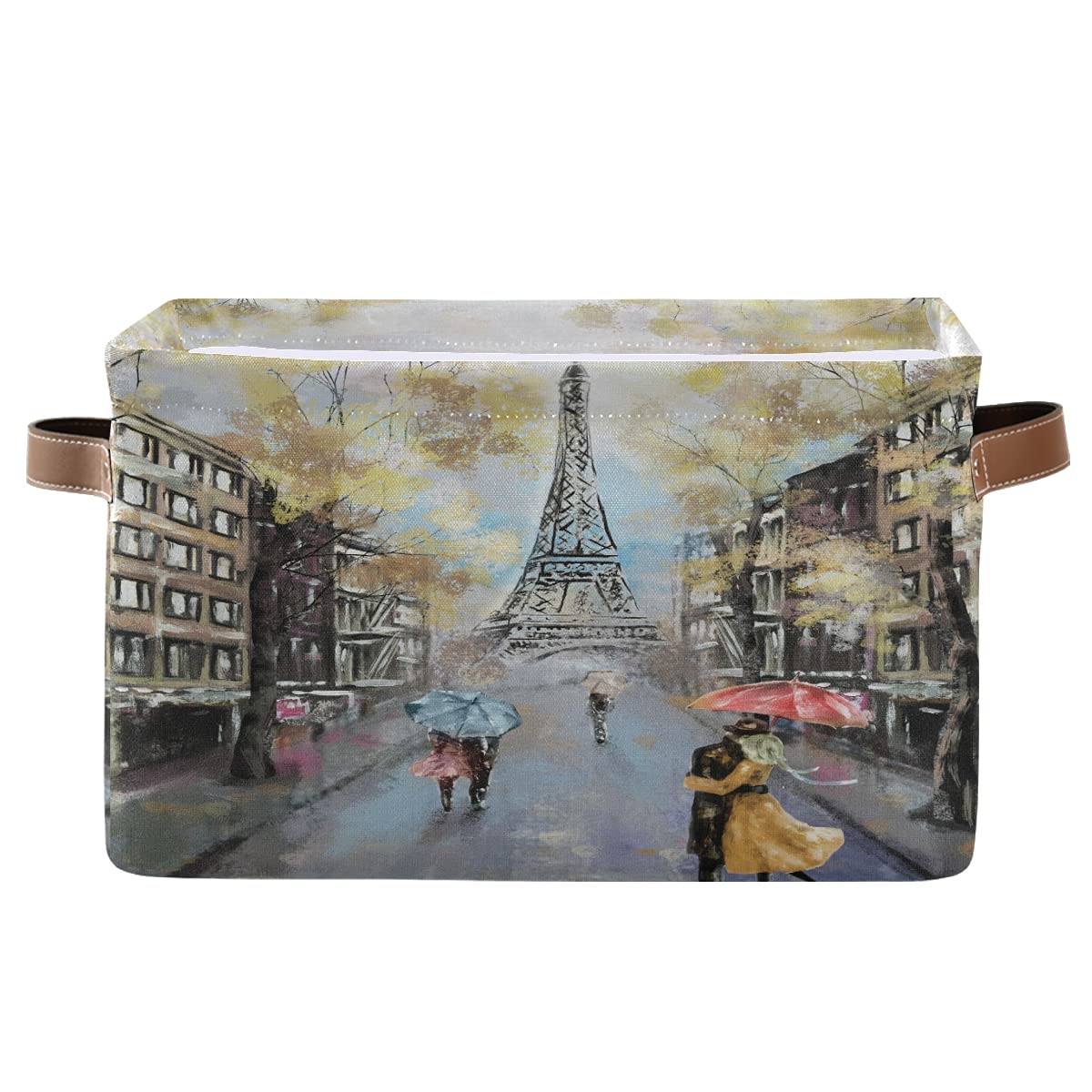 Vintage Paris Eiffel Tower Couple Oil Painting Storage Bin - Foldable Canvas Storage Basket with Handle for Bedroom, Office, Closet | Perfect for Clothes, Toys & Home Organization (1PC) - Ideal for Home Decor, Gift Giving & Space Saving Storage Solutions