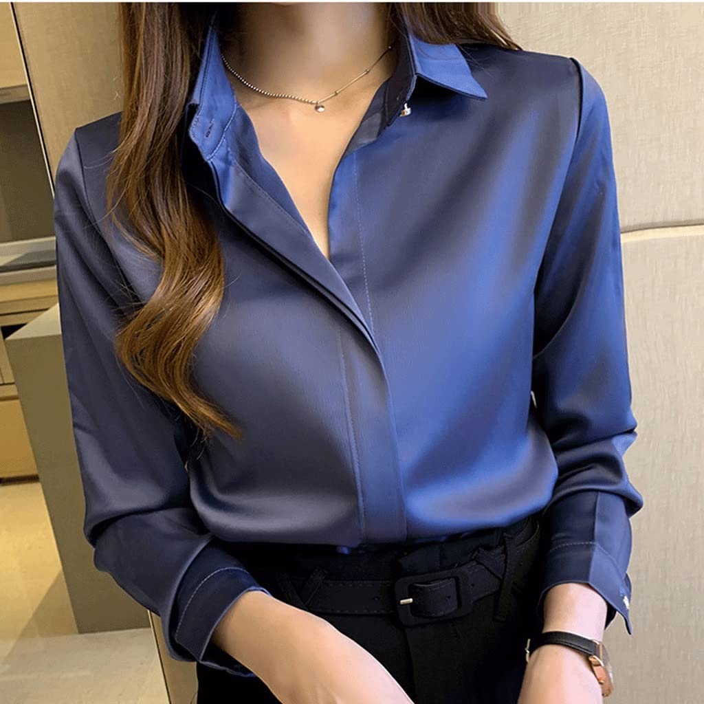 Silk Women's Blouse Long Sleeve Satin Shirt Elegant Ladies Top XX-Large Blue - Perfect for Office Wear, Business Meetings & Special Occasions