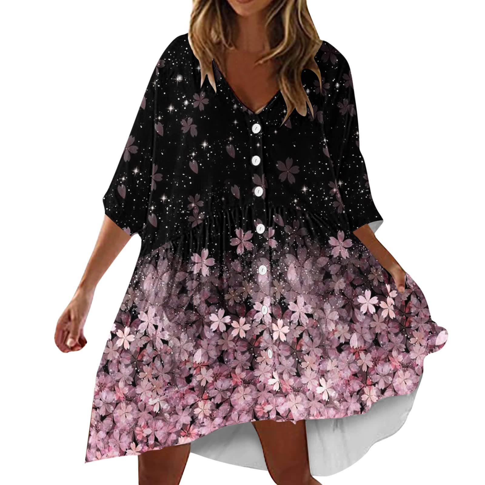 NIANTIE Women's Summer Casual Dress - Floral Print Loose Fit V-Neck Half Sleeve Button Up with Pockets for Tall Women | Beach Wear, Vacation Outfit, Outdoor Date Night