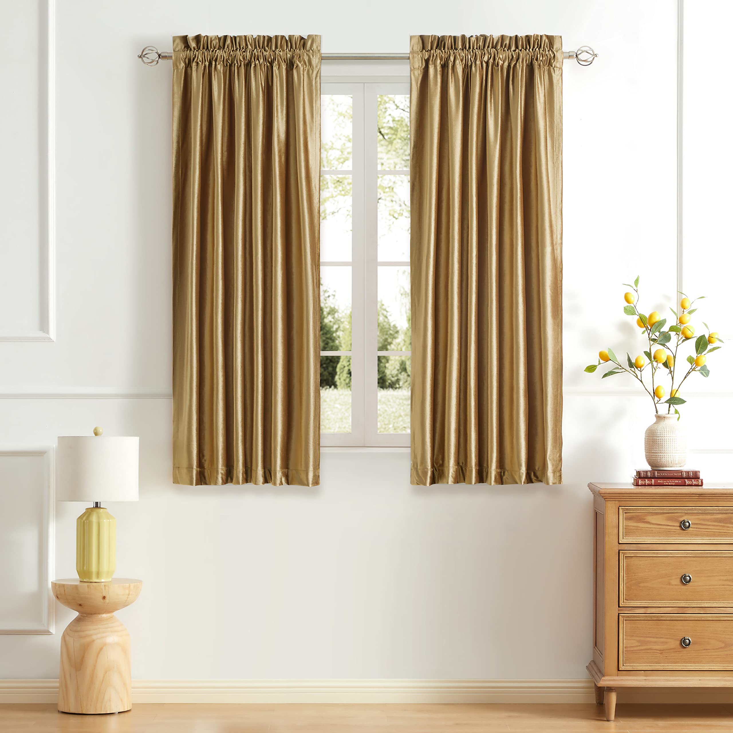 Premium Blackout Curtains Set of 2 - 63 Inch Velvet Rod Pocket Drapes in Golden PRIMROSE for Living Room & Bedroom | Thermal Insulated Room Darkening Window Treatments for Better Sleep & Energy Savings