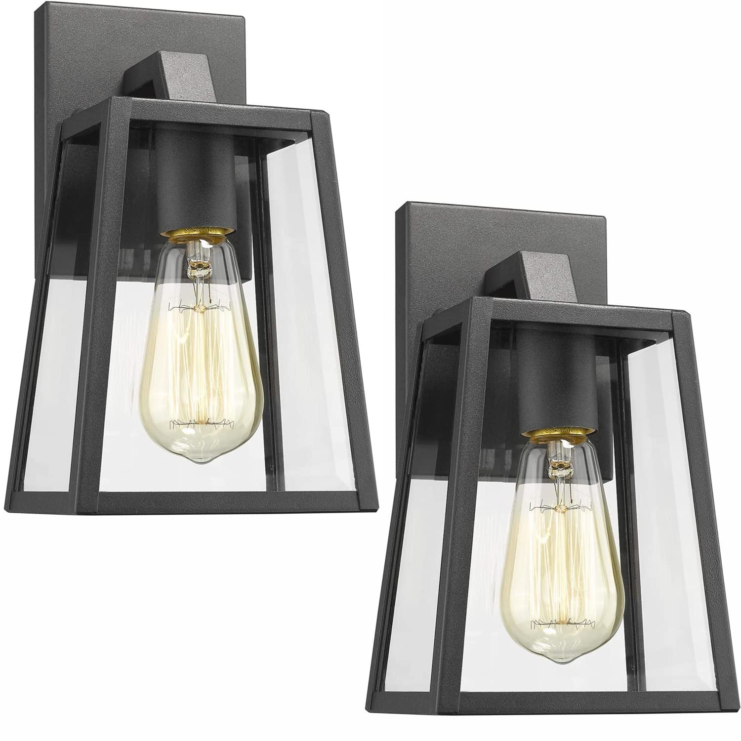RETRELMP 2-Pack Black Outdoor Wall Sconces - Waterproof Aluminum Exterior Light Fixtures with Clear Glass Shade, E26 Base - Modern Porch Lighting for Garage, Balcony, Garden & Patio (Weatherproof & Durable)