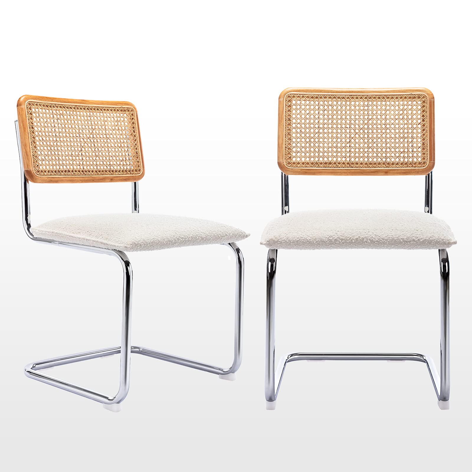 Zesthouse Natural Rattan Dining Chairs Set of 2 - Modern Kitchen Chairs with Solid Wood Back - Mid Century Breuer Design - Upholstered Boule Fabric in White - Perfect for Dining Room, Living Room, Kitchen, and Outdoor Patio