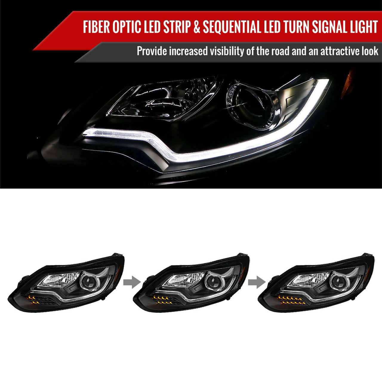 2012-2014 Ford Focus Projector Headlights with LED Light Strip & Sequential Turn Signals - Matte Black Housing & Clear Lens - Upgrade for Night Driving & Custom Car Styling