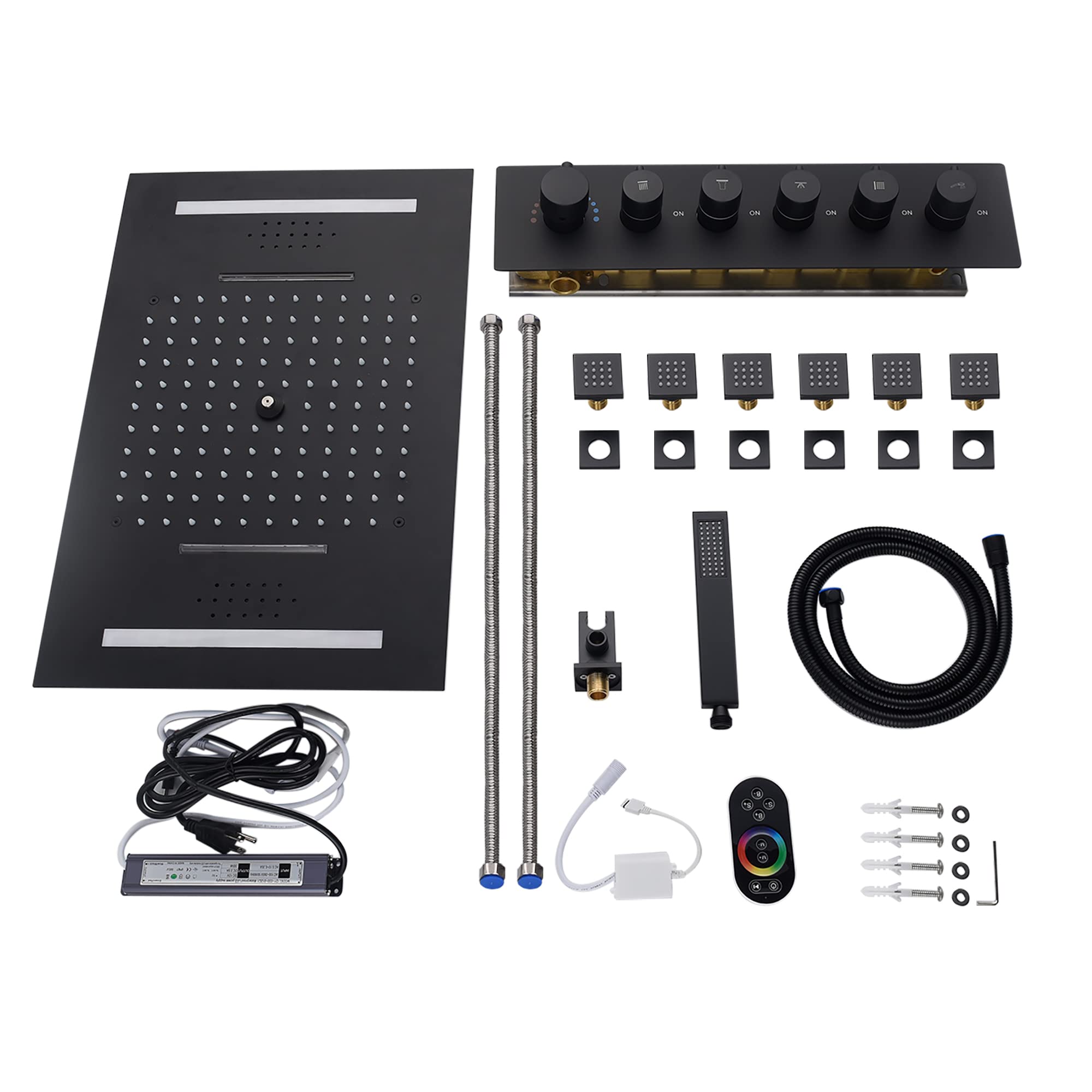 Cascada Luxury 15”x23” Music LED Shower System with Bluetooth Speakers, 5 Functions (Waterfall, Rain, Rain Curtain, Body Jets), Remote Control, 64 Color Lights, Matt Black - Perfect for Modern Bathrooms and Spa-Like Experiences