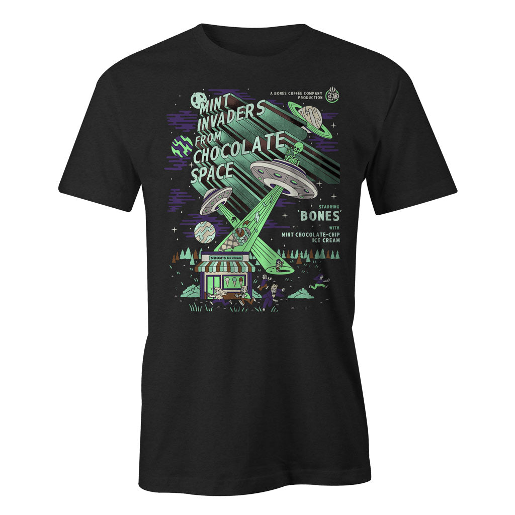 Mint Invaders From Chocolate Space T-Shirt - Funny Alien Graphic Tee for Men & Women - Perfect for Casual Wear, Cosplay & Gifts