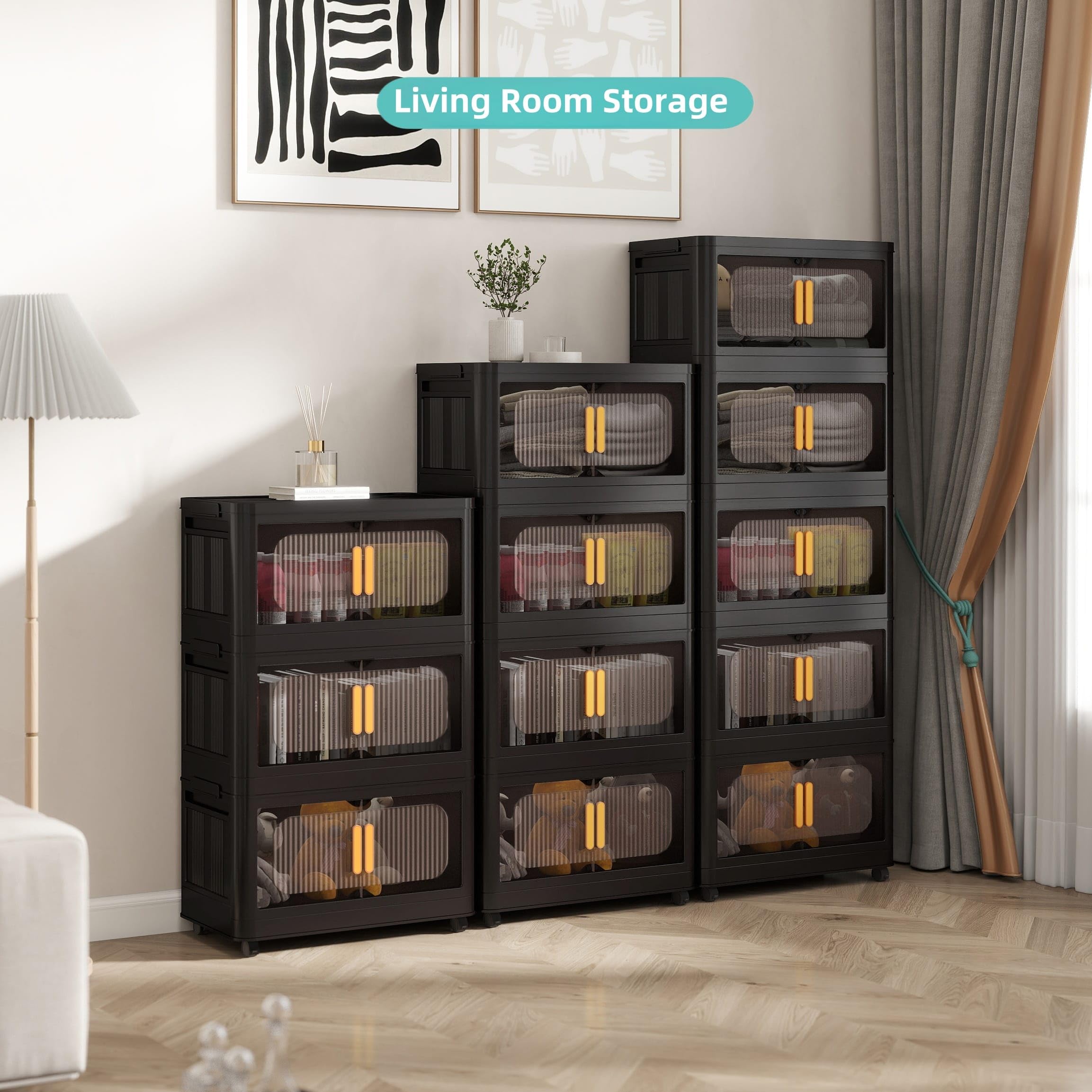 Holaki 5-Tier Collapsible Closet Organizer with Lids - Stackable Plastic Storage Bins with Wheels & Magnetic Door for Bedroom, Closet, Office (Black) - Space Saving Storage Solution for Clothes, Toys & Home Organization