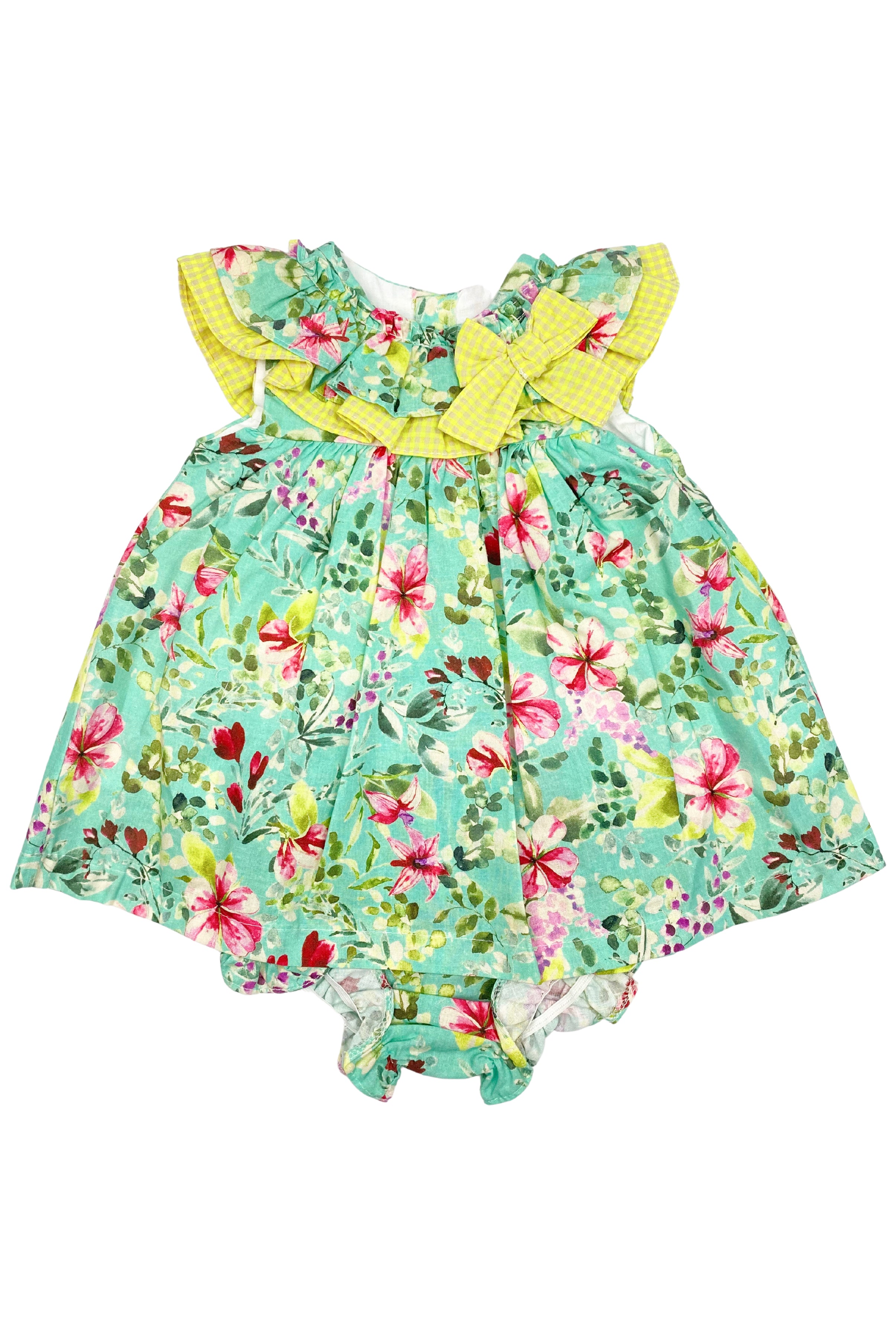 Suki Turquoise Floral Dress with Bloomers - Vintage Style Baby Girl Outfit for Photoshoot, Birthday Party & Special Occasions
