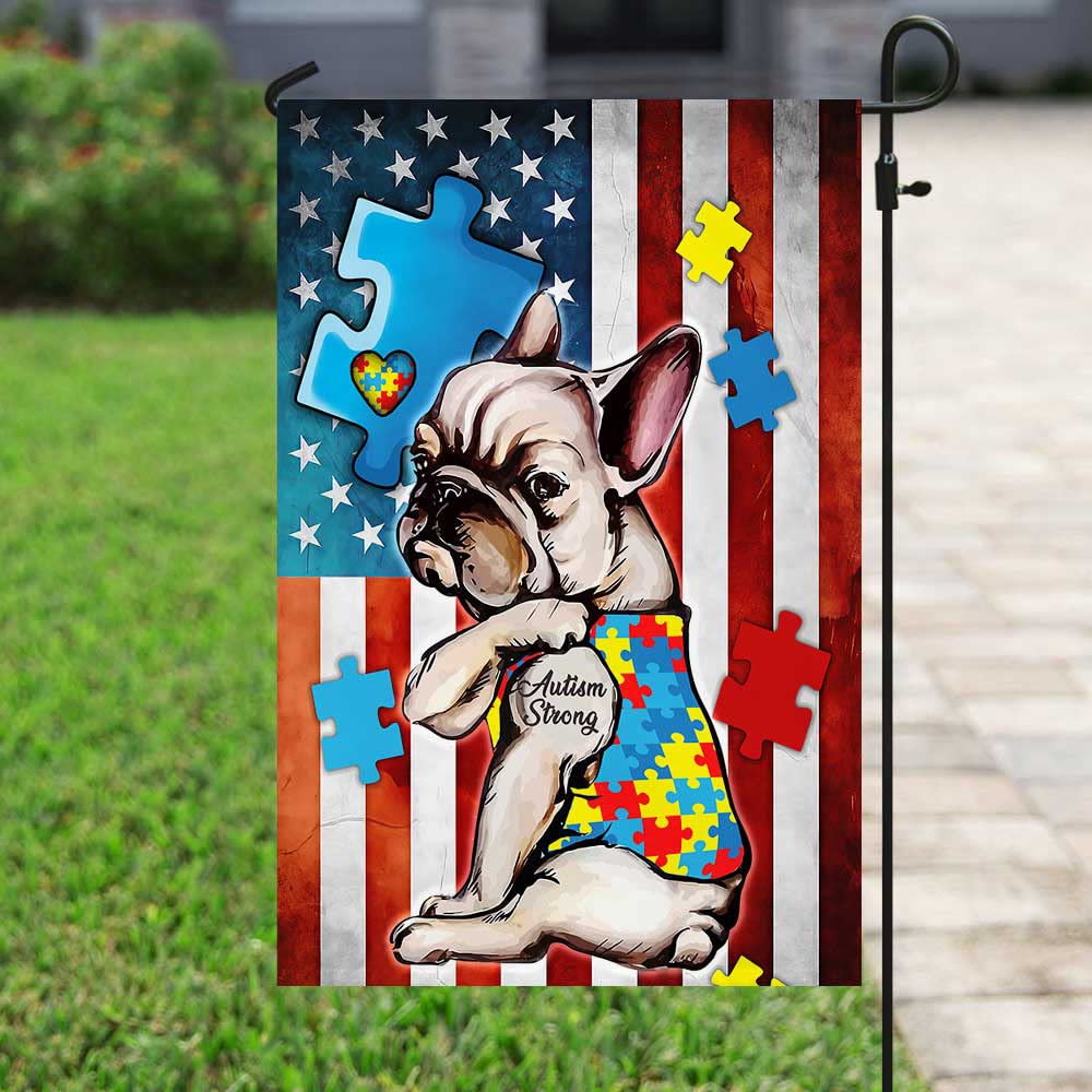 American Flag with French Bulldog Design - Autism Awareness Garden Flag for Outdoor Yard & Home Decor - Perfect for Front Porch, Lawn, and Patriotic Displays