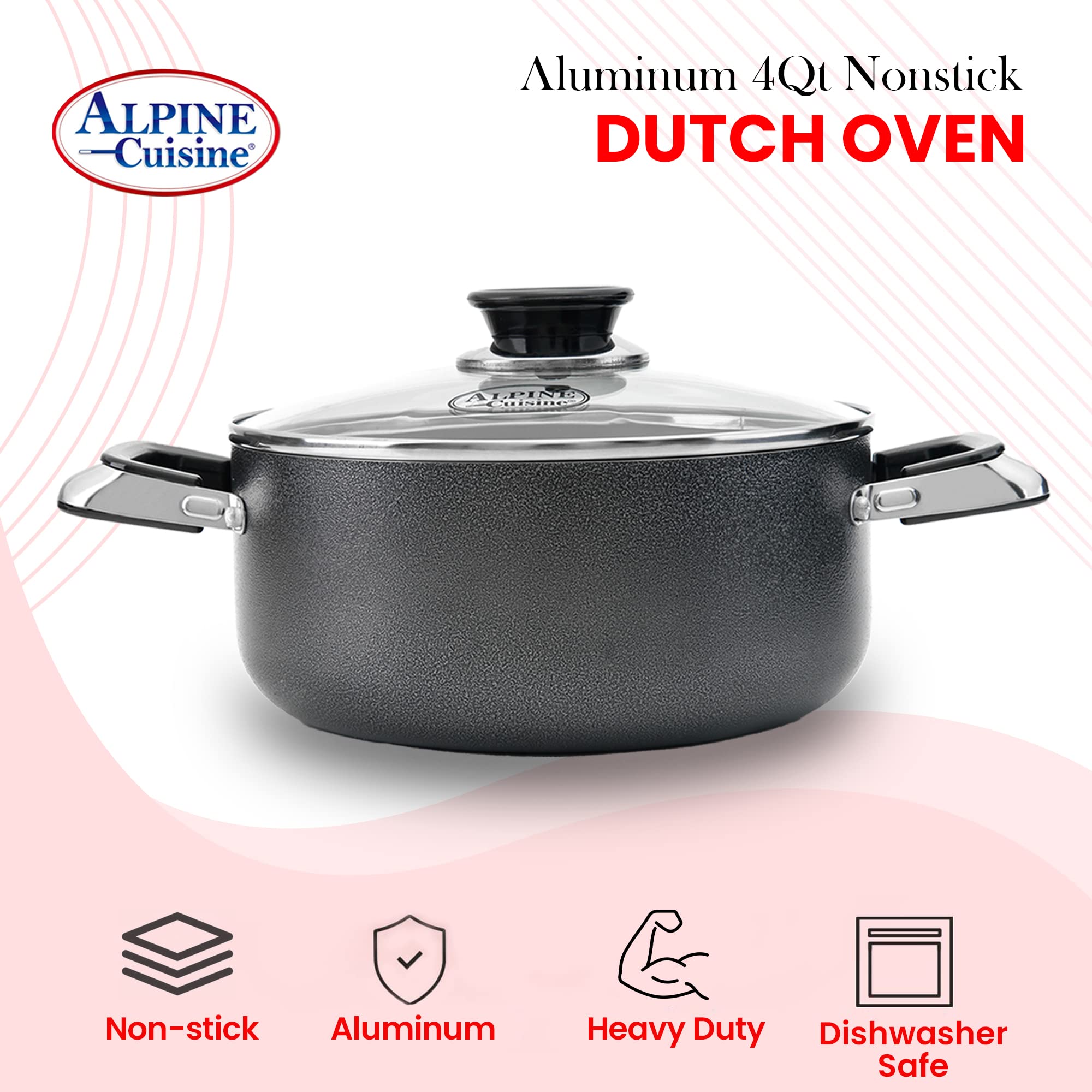 Alpine Cuisine 4 Quart Non-Stick Aluminum Dutch Oven with Tempered Glass Lid - Multi-Purpose Cookware for Braising, Boiling, Stewing - Perfect for Soups, Stews & Family Meals