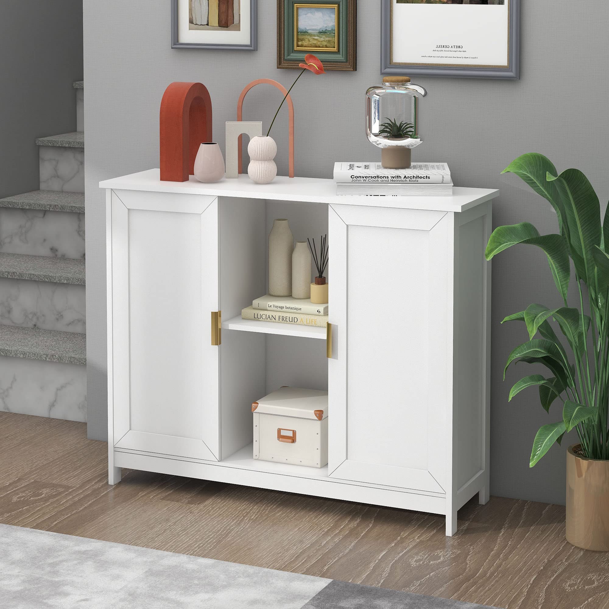 White Storage Cabinet - Wooden Buffet Sideboard with Coffee Bar, Narrow Space Entryway & Hallway Organizer for Kitchen, Living Room & Dining Room | Modern Thin Credenza Cabinet for Small Spaces