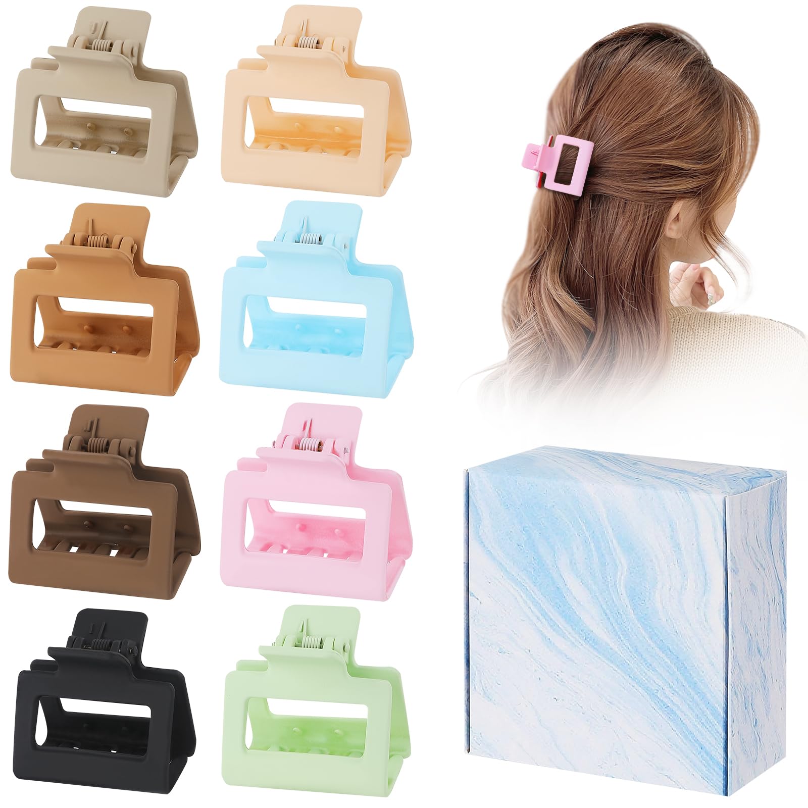 8 Pack Small Rectangle Claw Clips for Thin, Medium & Thick Hair - 2 Inch Cute Jaw Hair Clips for Women & Girls - Perfect for Ponytails, Buns & Everyday Hairstyles