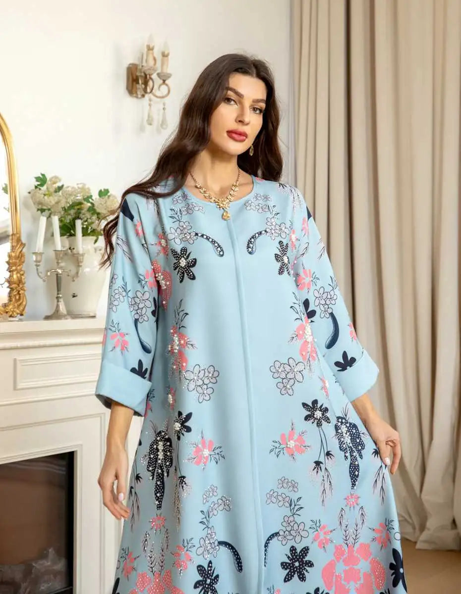 Hotfix Rhinestone Eid Dress - Elegant Burnout Caftan Kaftan for Women | Perfect for Eid Celebrations, Weddings & Special Occasions
