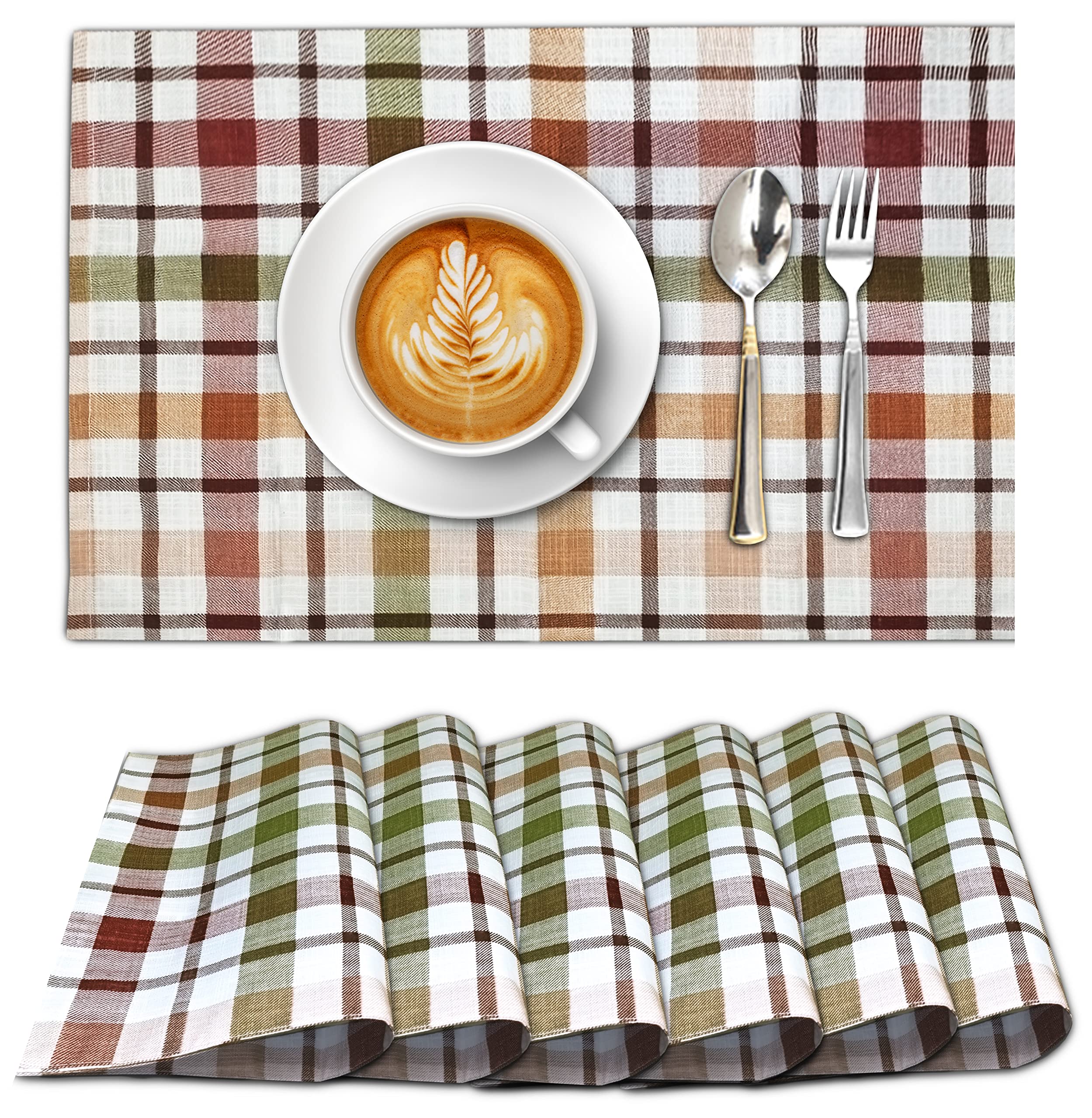 Premium Cotton Placemats Set of 6 - 13x19 Inch Brown Checkered Table Mats for Farmhouse & Holiday Dining - Washable Woven Placemats for Thanksgiving, Christmas, Spring & Everyday Use - Durable Table Setting Decor