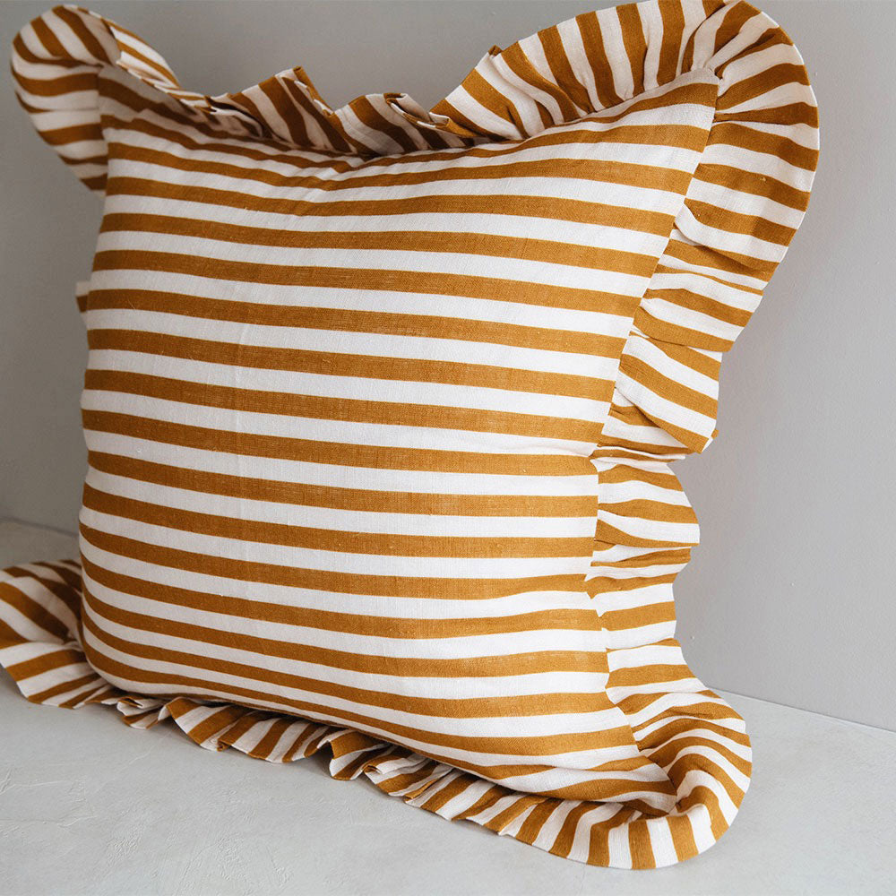 Linen Pillow Cover - Ochre Candy Stripe Pattern - Soft & Breathable Decorative Pillowcase for Sofa, Bed, Couch - Home Decor & Living Room Accessories