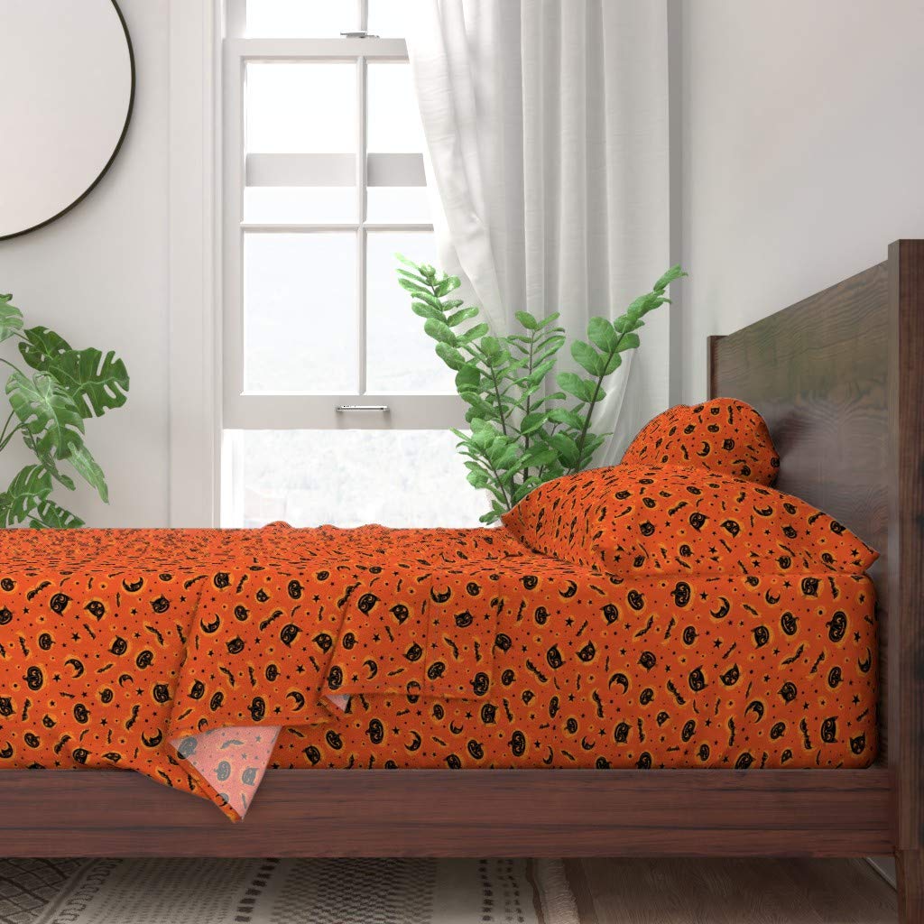 Halloween Pumpkin Black Cat Bat Vintage Moon Stars Print 100% Cotton Twin 3-Piece Bedding Set | Custom Printed Sheets & Pillowcases | Perfect for Spooky Decor, Themed Bedrooms & Holiday Gift