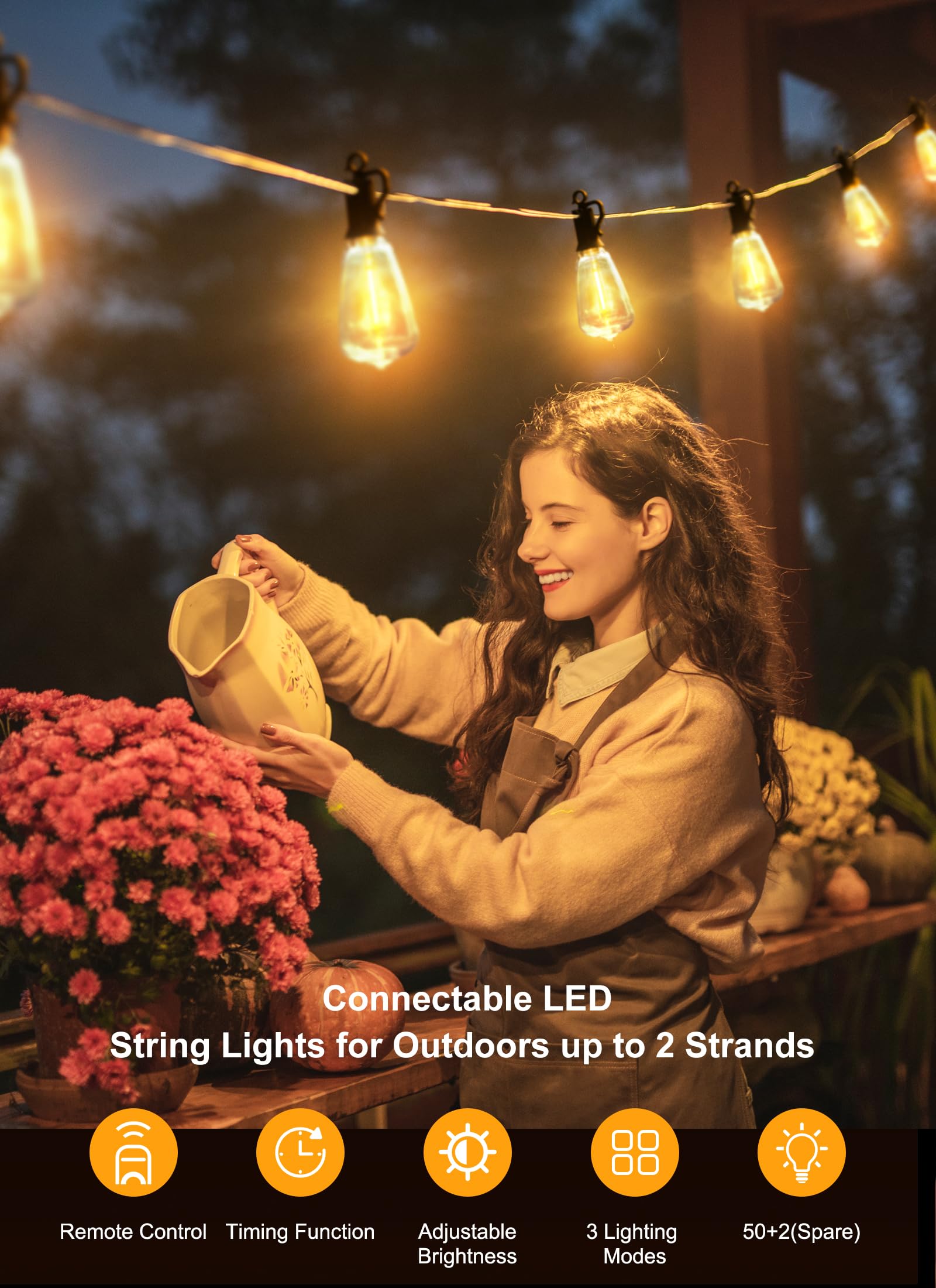 Brightown 132FT Outdoor String Lights Waterproof - 50 LED Shatterproof ST38 Edison Bulbs, Dimmable Patio Lights with Remote for Porch, Garden, Balcony, Bistro & Gazebos | Perfect for Backyard Parties, Wedding Decor & Outdoor Dining Ambiance
