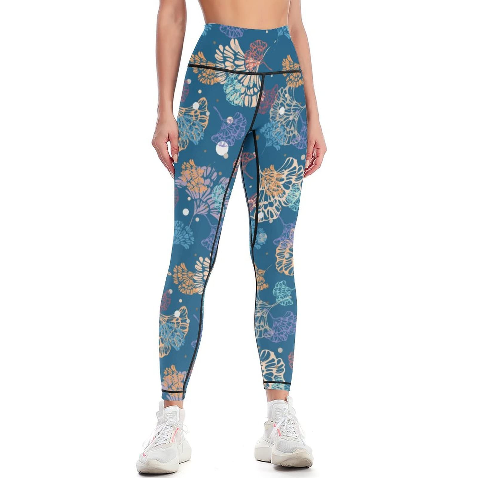 HK97 Women's High Waisted Yoga Leggings with Ginkgo Leaf Print - Tummy Control Workout Pants for Running, Gym & Lounge - Soft Athletic Tights for Women's Sportswear