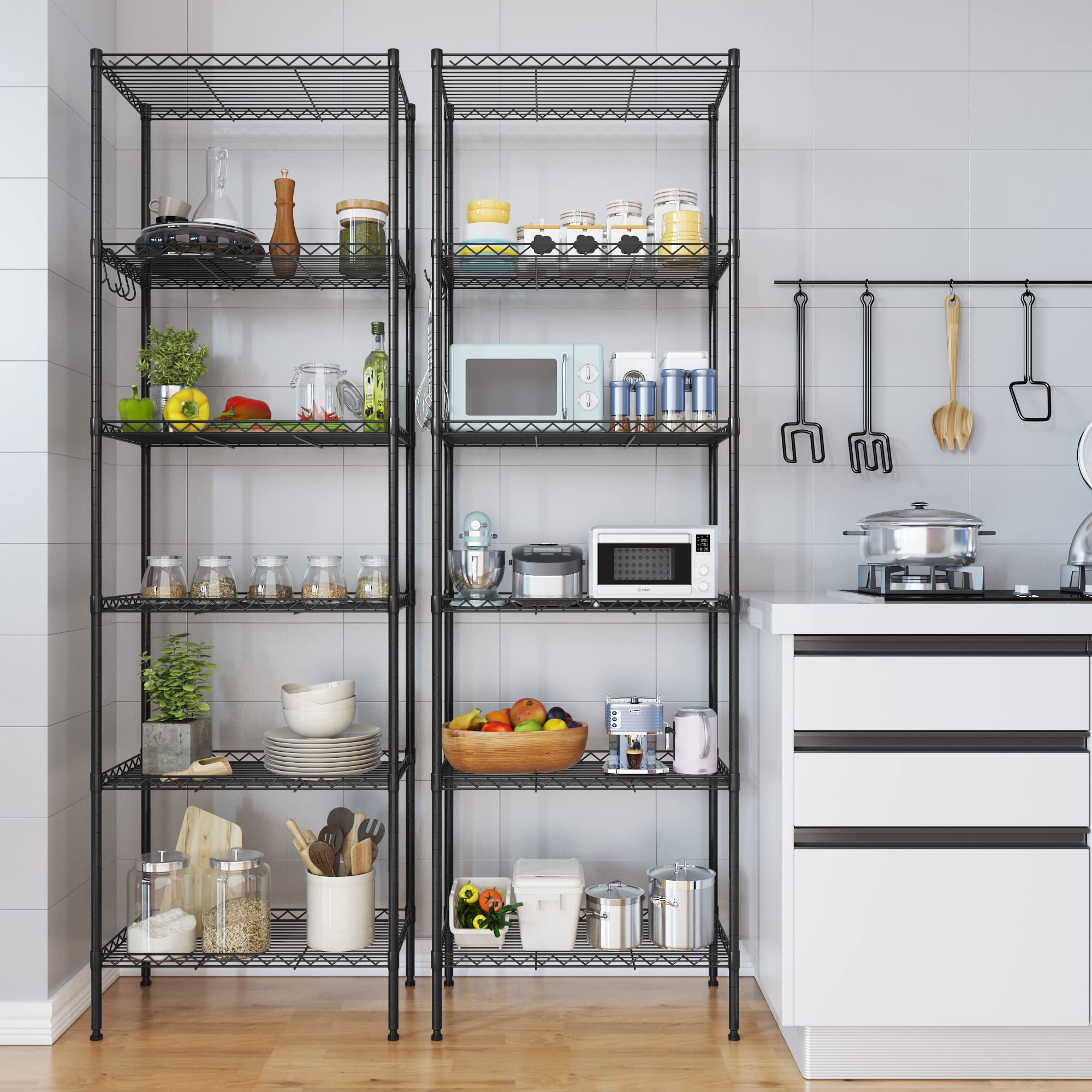 Himimi 6-Tier Adjustable Wire Storage Shelf - Free Standing Metal Shelving Unit with Leveling Feet & Stainless Hooks - Black (2-Pack) - Perfect for Laundry Room, Bathroom, Kitchen Pantry & Closet Organization