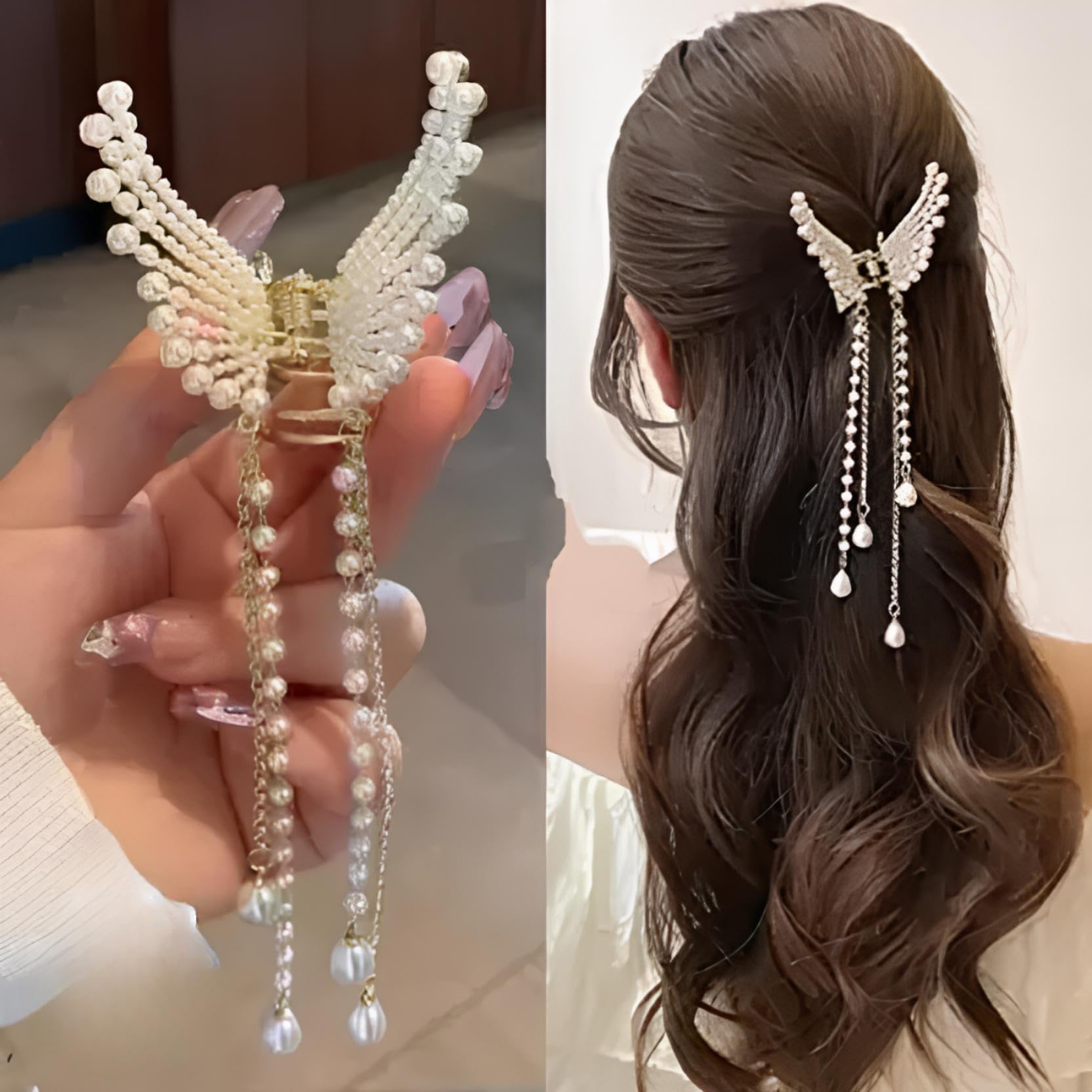 Korean Butterfly Hair Clips with Crystal Pearls & Tassels - Elegant Hair Accessories for Women, Shiny Hair Pins for Birthday Parties, Weddings & Daily Fashion