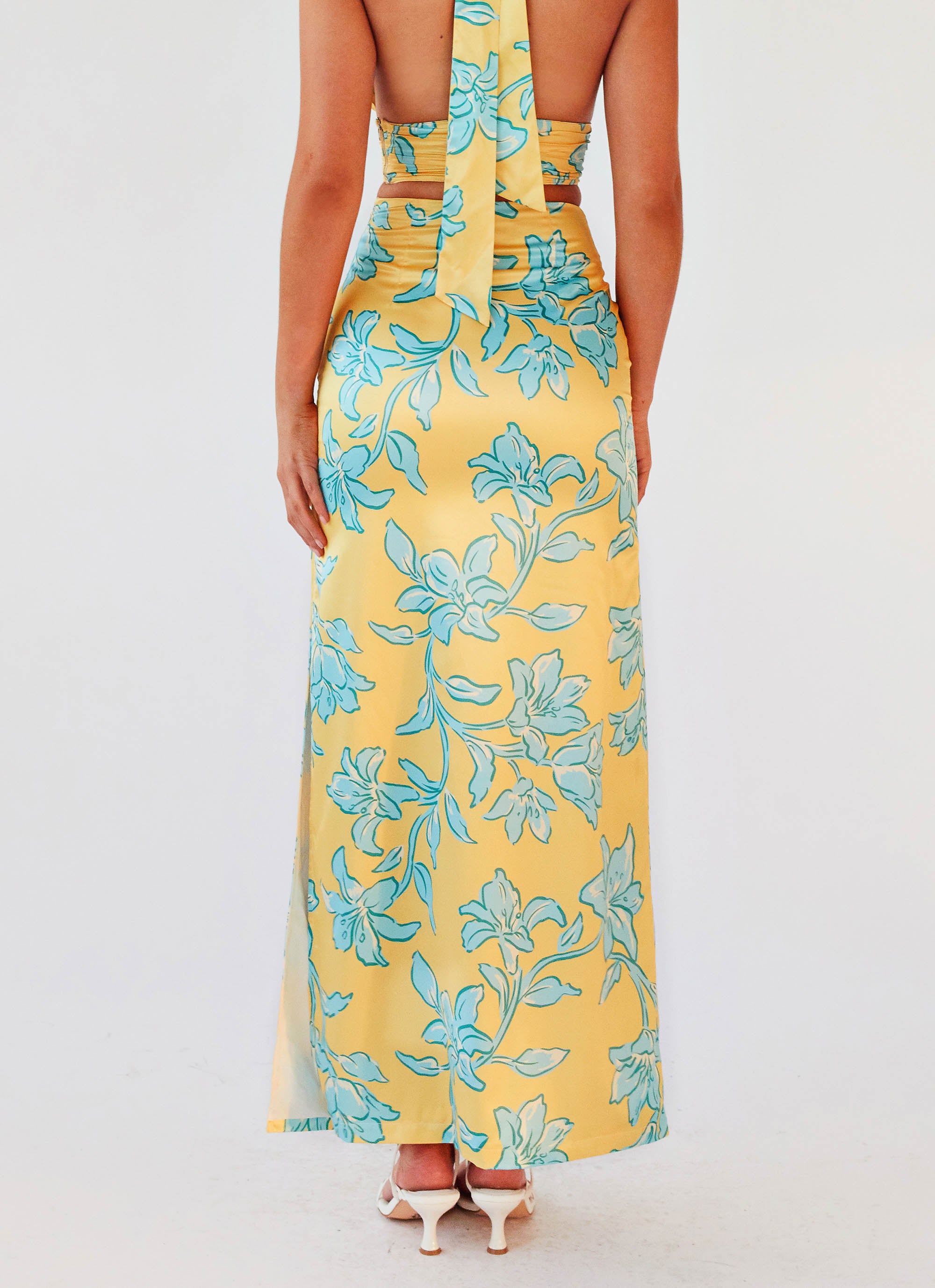 Amalia Satin Maxi Skirt - Golden Bloom Floral Print Elegant Long Skirt for Women | Perfect for Weddings, Parties & Special Occasions