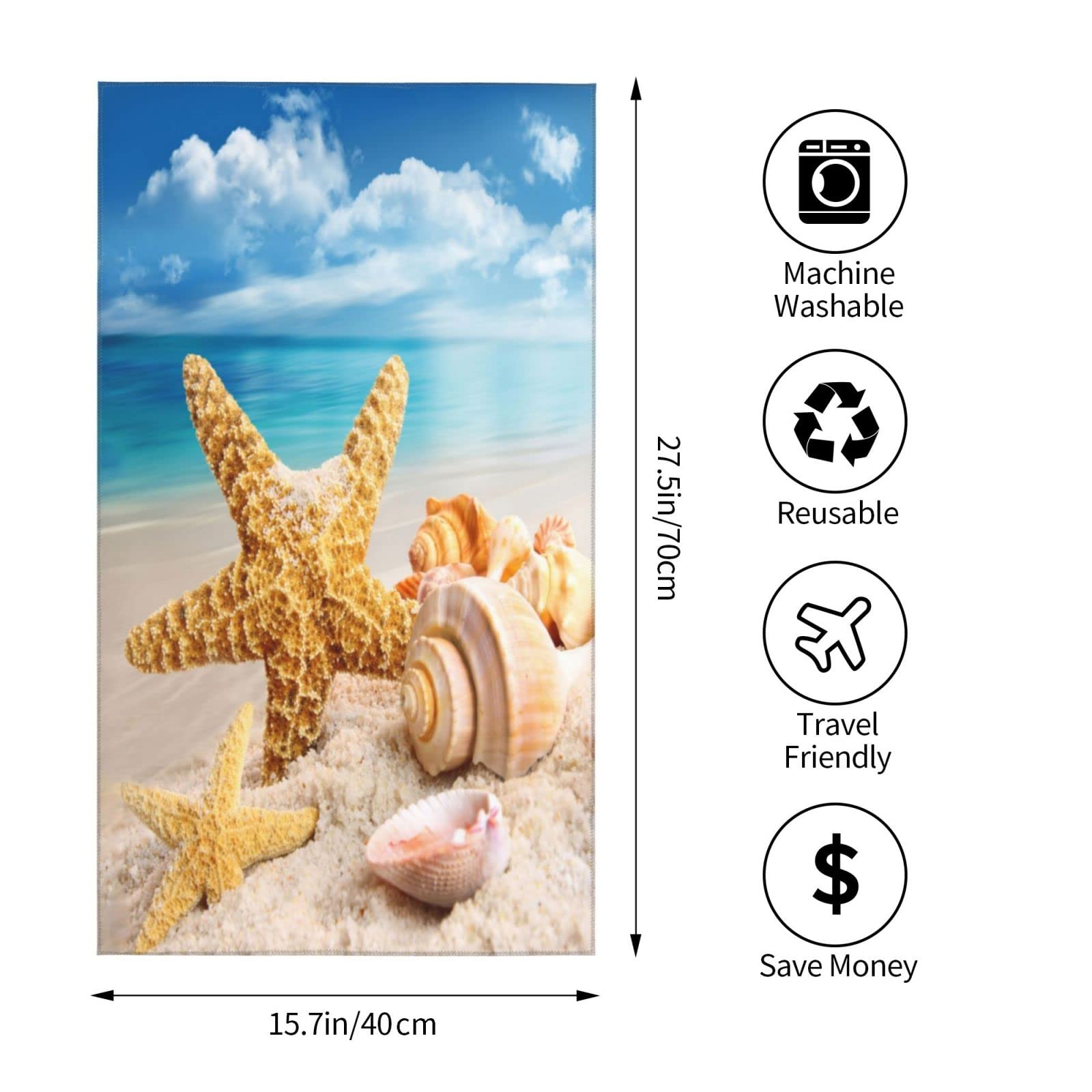 Soft Absorbent Coastal Hand Towels Set of 2 - Starfish & Seashell Beach Themed Bathroom Towels (15.7