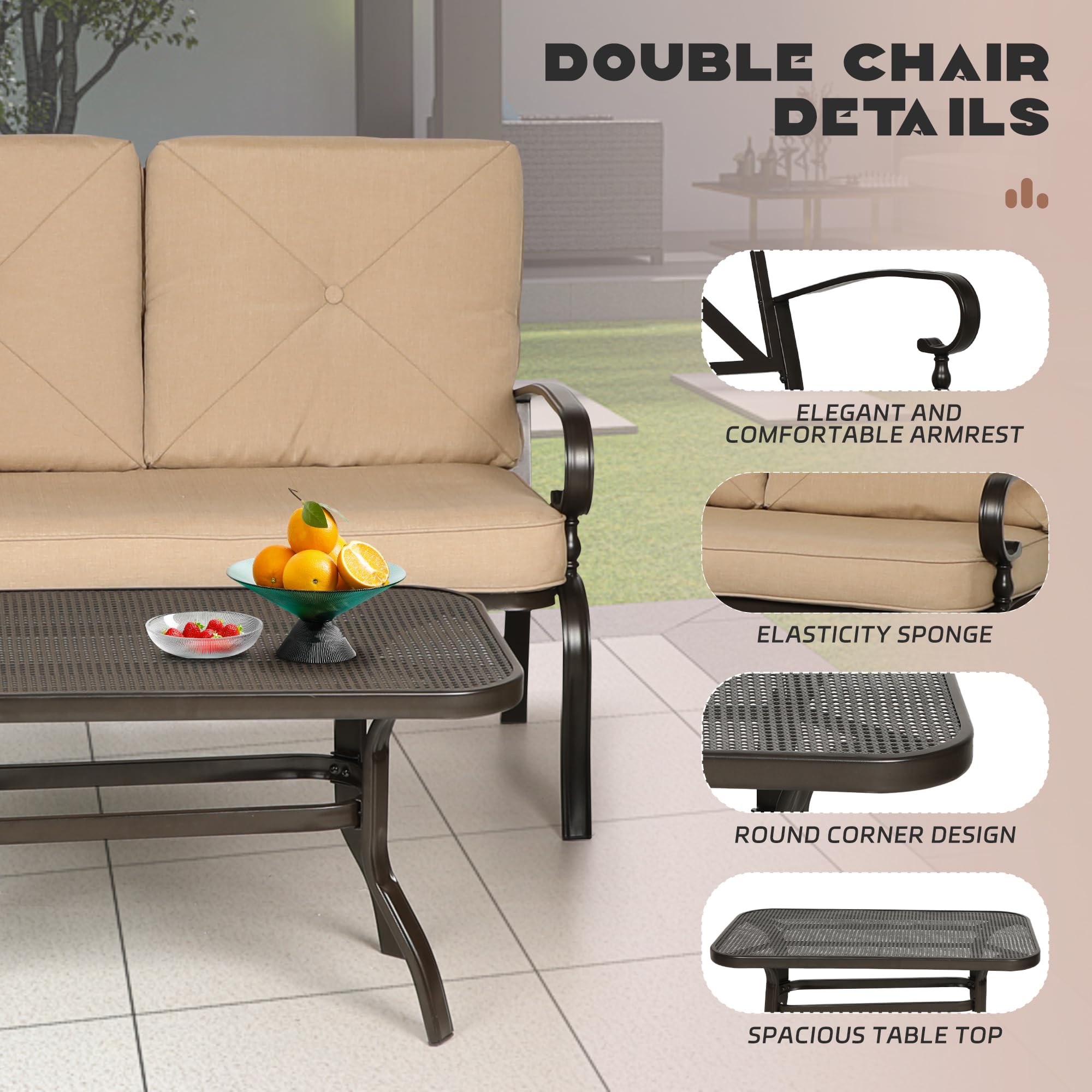 Incbruce 4-Piece Outdoor Metal Patio Furniture Set - Wrought Iron Loveseat, 2 Chairs & Coffee Table with Brown Cushions - Durable Steel Frame for Garden, Backyard, Poolside or Terrace Relaxation