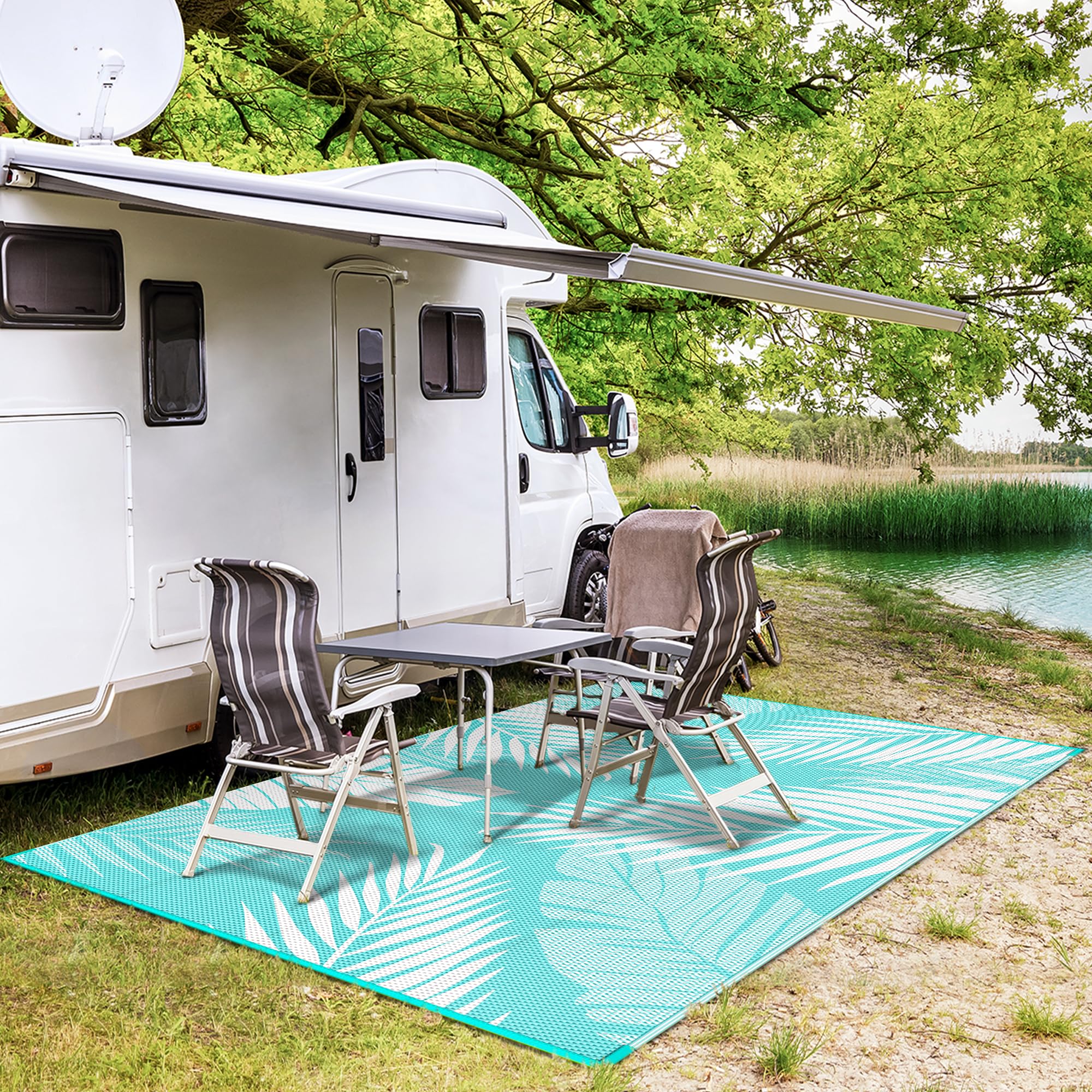 GENIMO 5' x 8' Waterproof Outdoor Rug - Reversible Plastic Straw Camping Mat for Patio, Deck, RV, Picnic & Backyard - Aqua Blue & White Design - Perfect for Outdoor Gatherings, Beach Trips and Camping Adventures